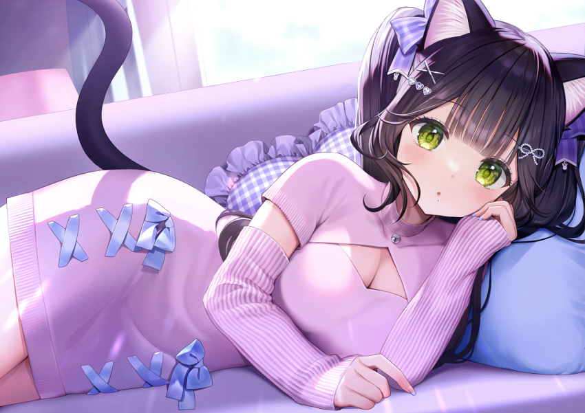 1girl :o animal_ear_fluff animal_ears bangs bell black_hair blue_bow blue_nails bow breasts cat_ears cat_girl cat_tail cleavage cleavage_cutout clothing_cutout commentary_request day detached_sleeves dress frilled_pillow frills green_eyes hair_ornament hairclip heart heart_hair_ornament heart_pillow indoors jingle_bell long_hair long_sleeves lying md5_mismatch meme_attire mole mole_under_mouth momoshiki_tsubaki nail_polish neck_bell on_side open-chest_sweater original parted_lips pillow pink_sleeves pink_sweater plaid plaid_pillow sleeves_past_wrists solo sunlight sweater sweater_dress tail twintails very_long_hair window x_hair_ornament