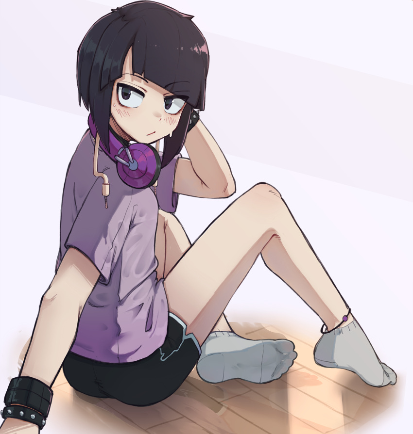 1girl anklet arm_support bangs black_eyes black_hair blunt_bangs blush boku_no_hero_academia breasts closed_mouth commentary english_commentary eyelashes feet full_body grey_socks hand_up headphones headphones_around_neck highres jewelry jirou_kyouka k-rha's knees_up legs looking_at_viewer medium_hair no_shoes on_ground paid_reward_available purple_background purple_shirt shirt short_sleeves sidelocks sitting socks soles studded_bracelet thighs toes wooden_floor