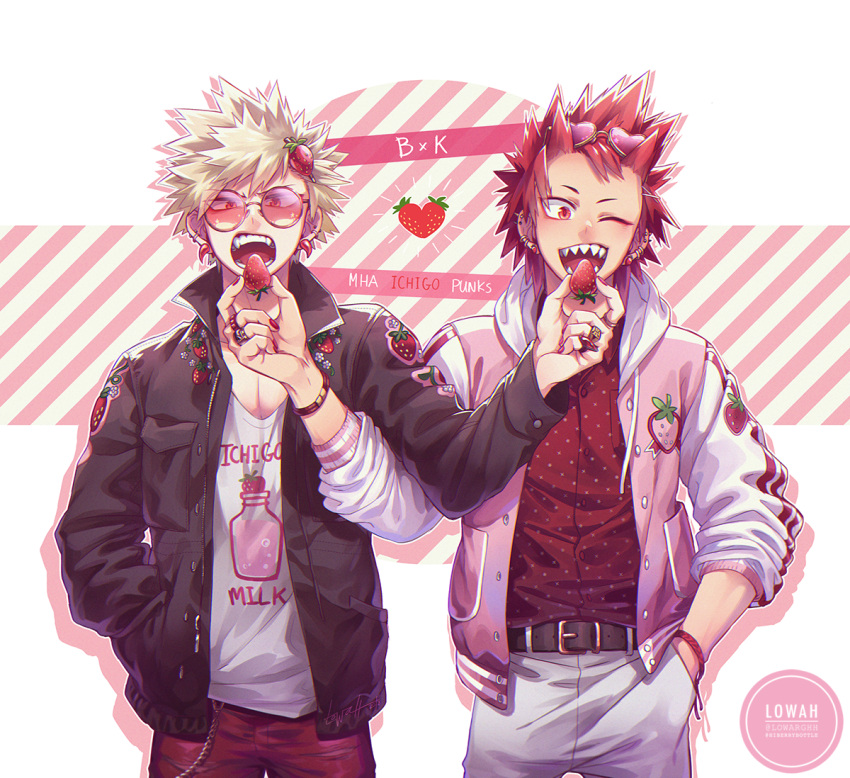 2boys ;d alternate_costume artist_name background_text bakugou_katsuki bangs belt belt_buckle black_belt black_jacket blonde_hair blush boku_no_hero_academia bracelet breast_pocket buckle buttons casual character_name chromatic_aberration clothes_writing collared_shirt commentary copyright_name diagonal_stripes double_horizontal_stripe double_vertical_stripe drawstring dress_shirt drop_shadow ear_piercing earrings eyes_visible_through_eyewear eyes_visible_through_hair eyeshadow eyewear_on_head eyewear_visible_through_hair fangs fashion feeding fingernails floral_print flower_(symbol) food food-themed_earrings food-themed_hair_ornament food_print fruit furrowed_brow hair_ornament hairpin hand_in_pocket hand_up heart heart-shaped_eyewear holding holding_food holding_fruit hood hooded_jacket jacket jewelry kirishima_eijirou leather_belt letterman_jacket long_sleeves looking_at_viewer lowah makeup male_focus multiple_boys multiple_piercings multiple_rings mutual_feeding one_eye_closed open_clothes open_jacket open_mouth ornate_ring outline pants pectoral_cleavage pectorals piercing pink-framed_eyewear pink-tinted_eyewear pink_nails pink_theme pocket print_shirt red_eyes red_eyeshadow red_hair red_nails red_shirt ring scar scar_across_eye scar_on_face sharp_teeth shirt short_eyebrows short_hair side-by-side signature sleeves_rolled_up smile spiked_hair standing star_(symbol) sticker straight-on strawberry strawberry_earrings strawberry_hair_ornament strawberry_print striped symmetrical_hand_pose teeth tinted_eyewear tumblr_username twitter_username upper_body v-neck v-shaped_eyebrows watermark white_hood white_outline white_shirt white_sleeves x yellow-framed_eyewear zipper zipper_pull_tab