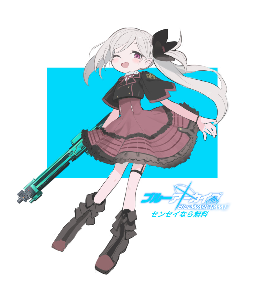 1girl blue_archive borrowed_weapon copyright_name cropped_jacket dress full_body grey_hair gun highres kokaki_mumose long_hair looking_at_viewer mutsuki_(blue_archive) open_mouth red_dress red_eyes rifle side_ponytail smile solo warframe weapon white_background