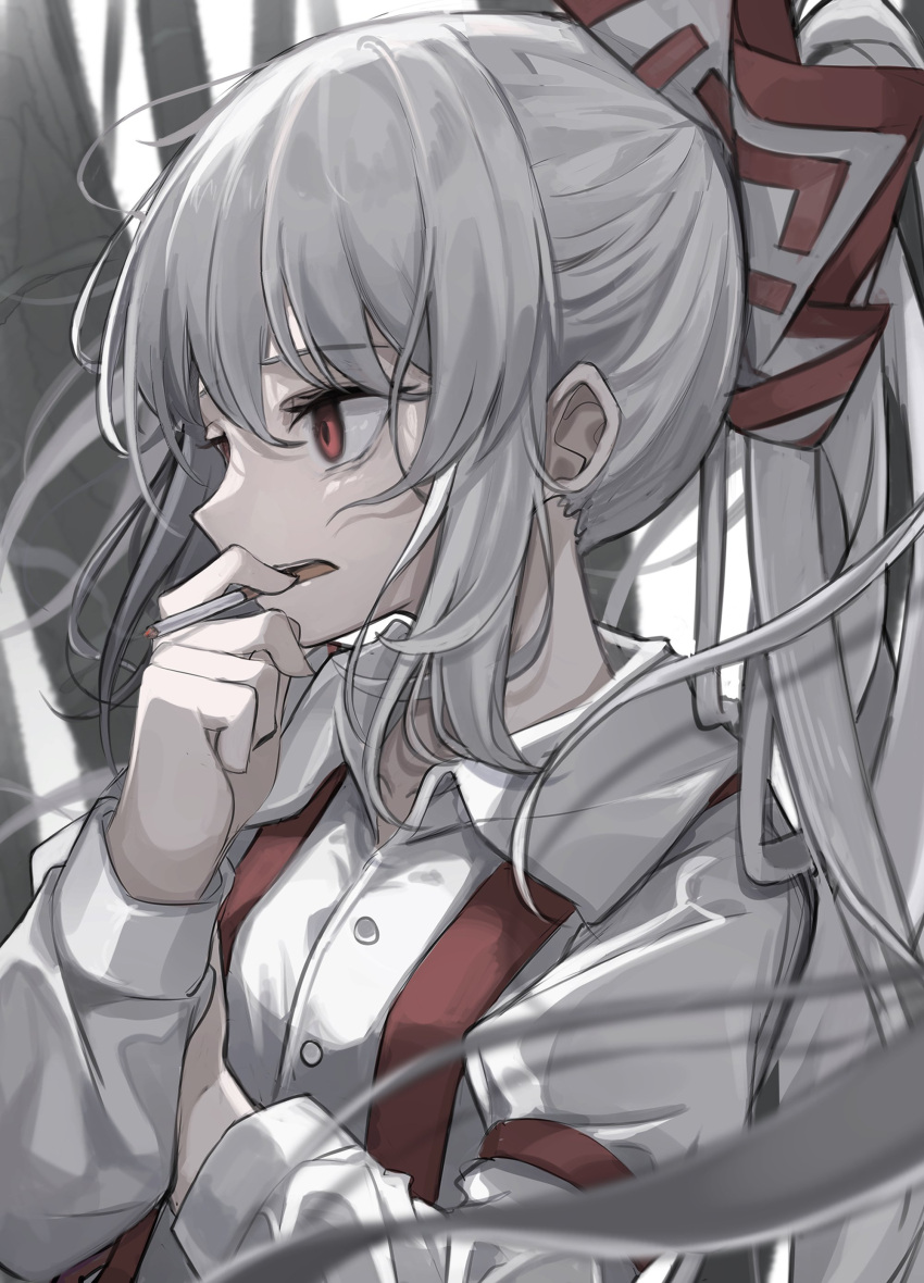 1girl absurdres bamboo bamboo_forest bangs bow breasts buttons cigarette collarbone collared_shirt commentary_request forest fujiwara_no_mokou grey_bow grey_hair hair_between_eyes hair_bow hands_up highres hisha_(kan_moko) holding holding_cigarette juliet_sleeves long_hair long_sleeves looking_to_the_side medium_breasts multicolored_bow nature open_mouth ponytail puffy_long_sleeves puffy_sleeves red_bow red_eyes shirt sidelocks simple_background smoke smoke_trail solo suspenders teeth tongue touhou upper_body white_background white_shirt wing_collar