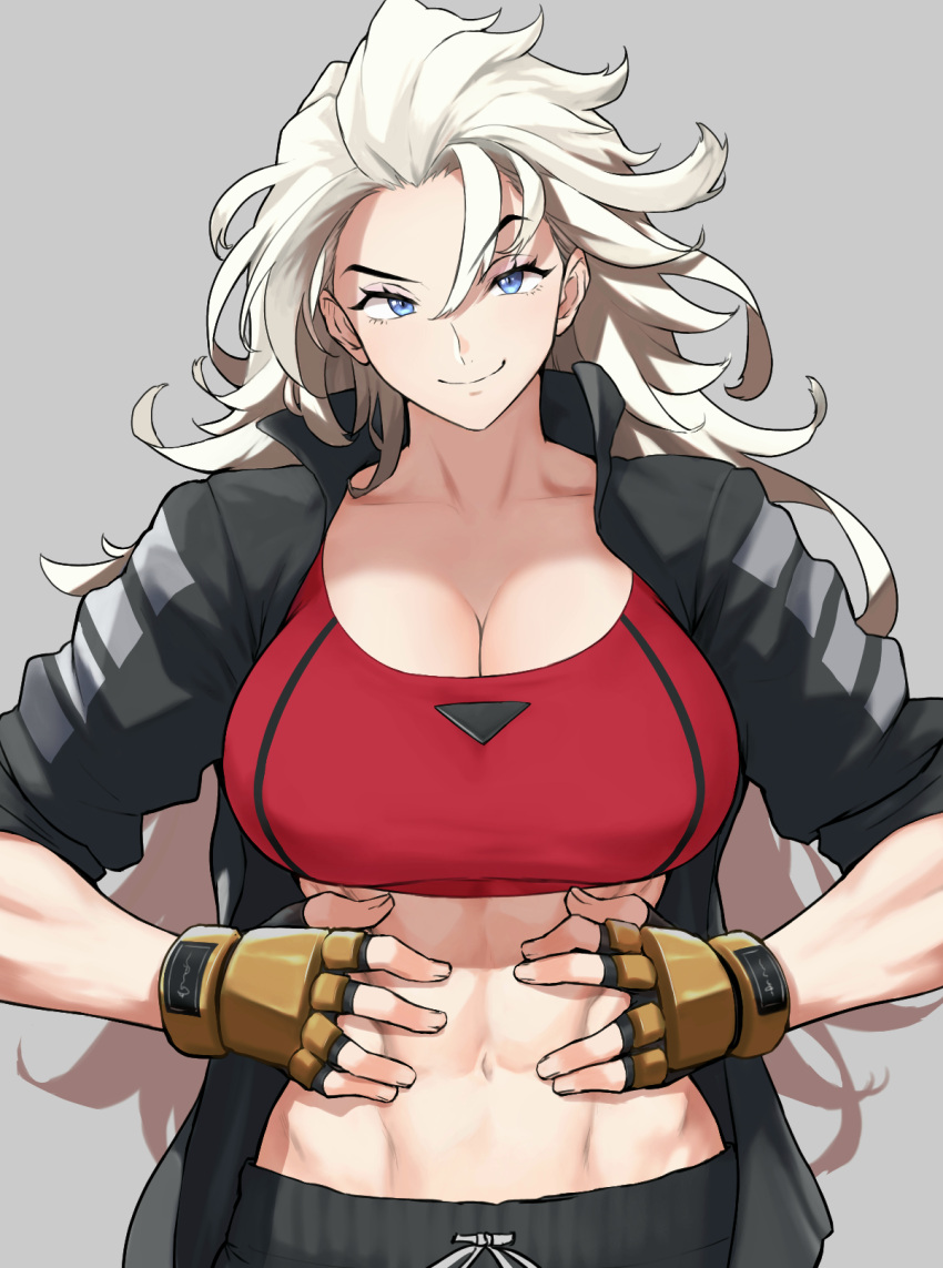 1girl abs anagumasan bangs black_jacket black_pants blue_eyes breasts cleavage closed_mouth collarbone cowboy_shot crop_top double_dragon fingerless_gloves gloves hair_between_eyes hands_on_own_stomach hands_on_stomach highres jacket kunio-kun_series large_breasts long_hair looking_at_viewer marian_kelly midriff muscular muscular_female navel open_clothes open_jacket pants red_sports_bra river_city_girls simple_background sleeves_rolled_up smile solo sports_bra standing white_hair
