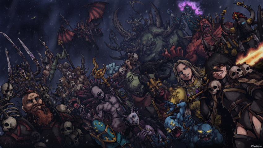 2girls 6+boys 6+others :d absurdres archaon_the_everchosen armor artist_name bangs beard black_cape black_hair blonde_hair blue_eyes brown_hair cape chaos_(warhammer) character_request dagger dechala_the_denied_one demon demon_horns demon_tail demon_wings dual_wielding epidemius ethrac_glott evil_grin evil_smile extra_arms facial_hair fake_horns festus_the_leechlord fingernails flaming_sword flaming_weapon flying full_armor full_body genderswap genderswap_(mtf) ghurek_glott grin hellcross_(dkrejd2000) helmet highres holding holding_dagger holding_knife holding_scythe holding_staff holding_sword holding_weapon horned_helmet horns knife long_beard long_hair lord_mortkin mask monster multiple_boys multiple_girls multiple_others night night_sky no_eyes open_mouth otto_glott outdoors pauldrons pelvic_curtain scyla_anfingrimm scythe sharp_fingernails sharp_teeth shoulder_armor sigvald_the_magnificent skarr_bloodwrath skull skull_ornament sky slaanesh_(symbol) smile staff sword tail teeth the_blue_scribes the_changeling_(warhammer) the_masque_of_slaanesh throgg_the_troll_king valkia_the_bloody vilitch_the_curseling warhammer_fantasy weapon wings wulfrik_the_wanderer yellow_eyes