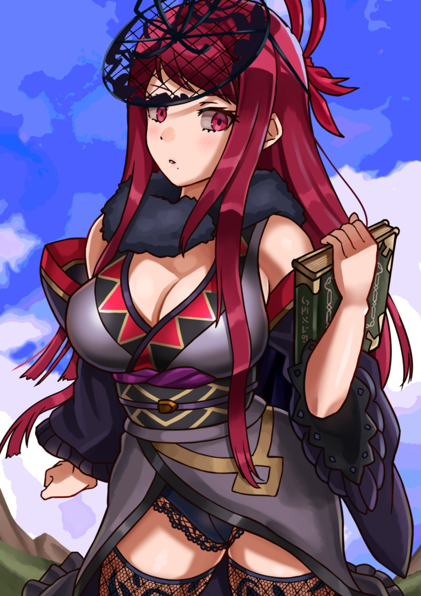 1girl absurdres alternate_costume bare_shoulders black_headwear black_panties black_sash blue_sky blush book breasts cleavage cloud commentary_request cowboy_shot day detached_sleeves fire_emblem fire_emblem_engage grey_kimono highres holding holding_book ivy_(fire_emblem) japanese_clothes kimono large_breasts long_hair looking_at_viewer mole mole_under_mouth obi oniisan02b outdoors panties parted_lips purple_eyes purple_hair sash sky sleeveless sleeveless_kimono solo standing thighhighs thighs underwear very_long_hair