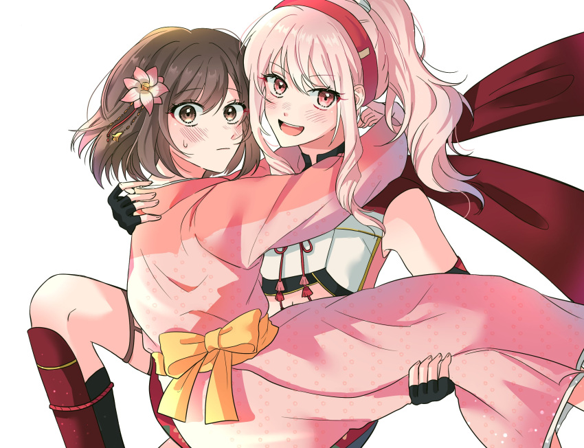 1girl 1other akiyama_mizuki bangs blush brown_eyes brown_hair closed_mouth flower hair_flower hair_ornament highres japanese_clothes kimono long_sleeves open_mouth pink_eyes pink_hair pink_kimono ppuppu0642 project_sekai shinonome_ena short_hair side_ponytail sidelocks smile