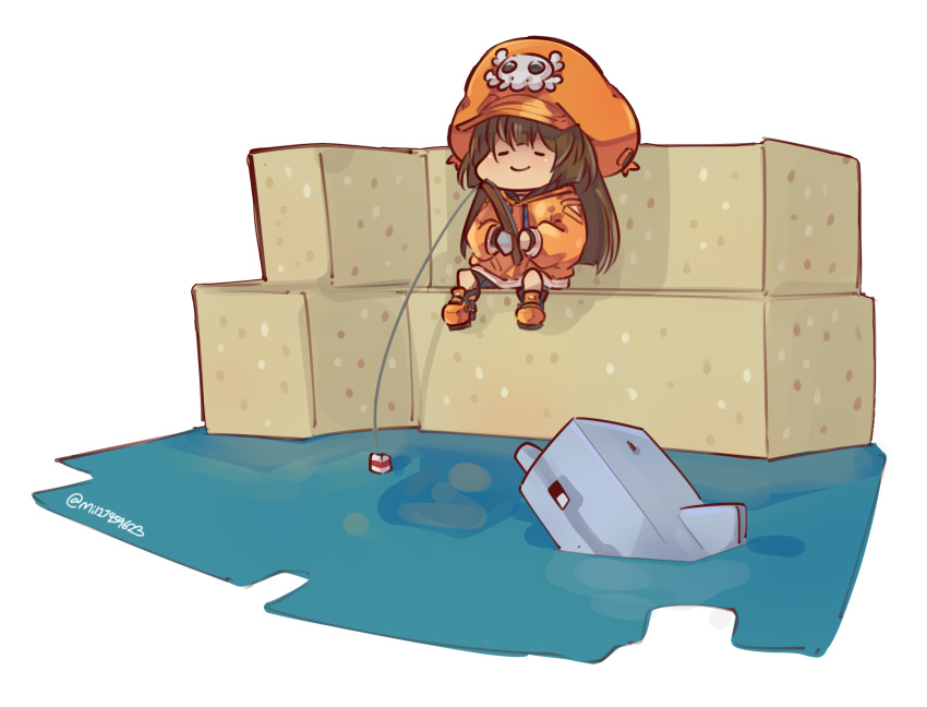 1girl artist_name brown_hair closed_mouth commentary dolphin dolphin_(minecraft) fishing fishing_rod guilty_gear hat_ornament highres holding holding_fishing_rod jacket long_hair may_(guilty_gear) mil17459623 minecraft orange_jacket sand sitting skull_and_crossbones skull_hat_ornament smile solo twitter_username water