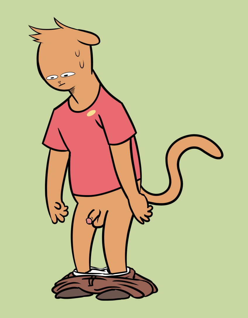 absurd_res anthro bodily_fluids bottomless bottomwear bottomwear_down brown_bottomwear brown_clothing brown_footwear brown_pants brown_shoes burgerpants clothed clothing footwear genitals green_background hi_res male pants pants_down partially_clothed penis pinl_nose red_clothing red_shirt red_t-shirt red_topwear redo_(artist) shirt shoes simple_background solo sweat t-shirt topwear undertale undertale_(series) underwear underwear_down white_clothing white_underwear