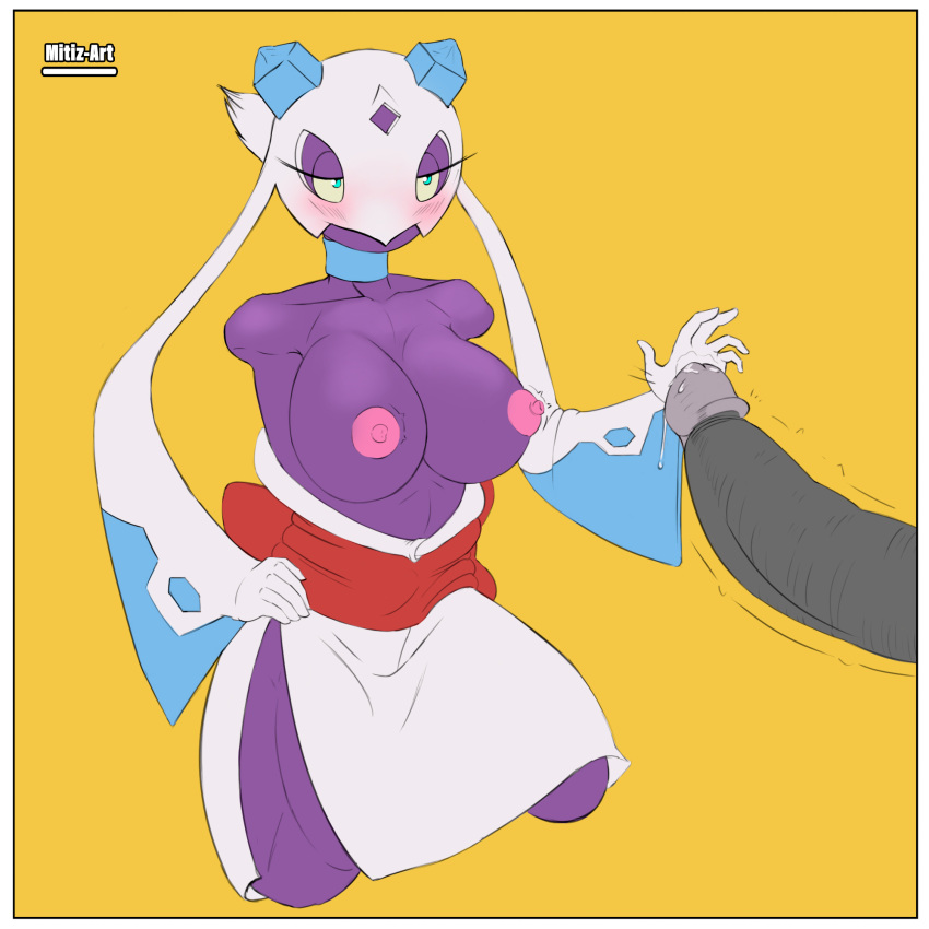 1:1 areola asian_clothing big_breasts big_penis blue_eyes blush bodily_fluids border breasts clothed clothing disembodied_penis duo east_asian_clothing eyelashes female froslass generation_4_pokemon genital_fluids genitals grey_penis hand_on_hip hand_on_penis hi_res huge_breasts huge_penis humanoid japanese_clothing kimono male male/female mitiz-art nintendo nipples penis pink_areola pink_nipples pokemon pokemon_(species) precum purple_body simple_background thick_thighs topless white_body white_border white_clothing white_kimono wide_hips yellow_background yellow_sclera