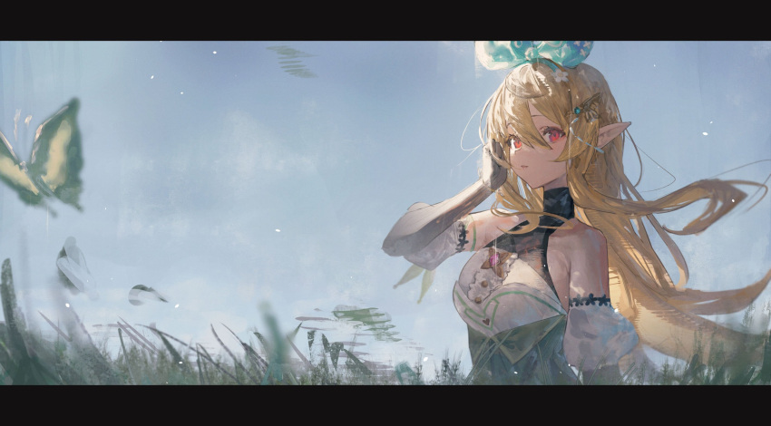 1girl betabeet black_gloves blonde_hair bug butterfly elbow_gloves fairy gloves green_ribbon hair_ribbon highres nijisanji nijisanji_en outdoors pointy_ears pomu_rainpuff red_eyes ribbon solo virtual_youtuber