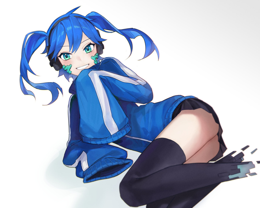 1girl black_skirt black_thighhighs blue_hair blue_jacket blush daya_(13urntsienna) ene_(kagerou_project) green_eyes grey_background grin headphones highres jacket kagerou_project long_hair looking_at_viewer lying miniskirt no_feet on_side simple_background skirt sleeves_past_fingers sleeves_past_wrists smile solo thighhighs twintails