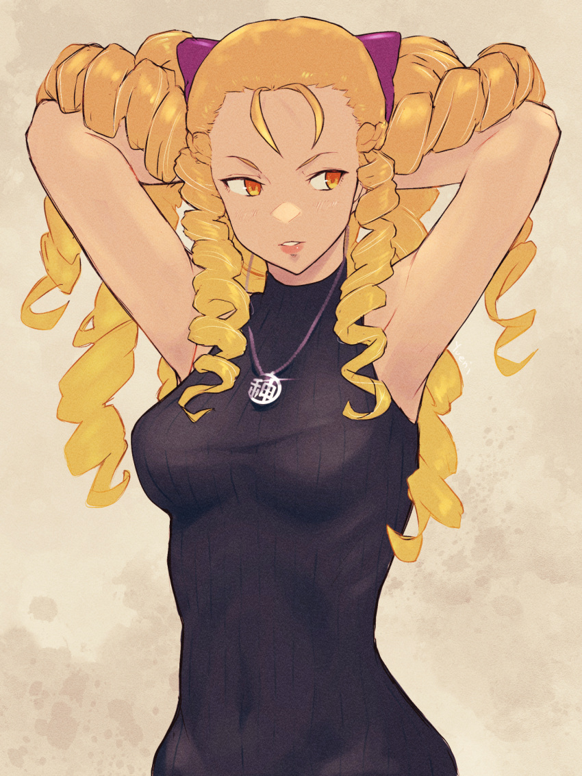 1girl arms_behind_head big_hair blonde_hair bow breasts commentary_request dress hair_bow hair_focus hair_pulled_back hands_in_hair highres jewelry kanzuki_karin long_hair looking_to_the_side necklace pendant ribbed_sweater ringlets signature sleeveless solo street_fighter street_fighter_zero_(series) sweater sweater_dress yuenibushi