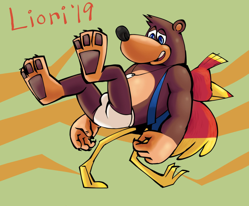 2019 absurd_res anthro avian backpack banjo-kazooie banjo_(banjo-kazooie) barefoot bear bird black_nose blue_eyes briefs briefs_only brown_body brown_fur brown_pawpads clothed clothing detailed_background duo feathers feet female fur green_background group hi_res jewelry kazooie male mammal necklace open_mouth pawpads rareware red_body red_feathers redo_(artist) simple_background teeth_showing text tighty_whities topless underwear underwear_only white_briefs white_clothing white_underwear yellow_body yellow_feathers