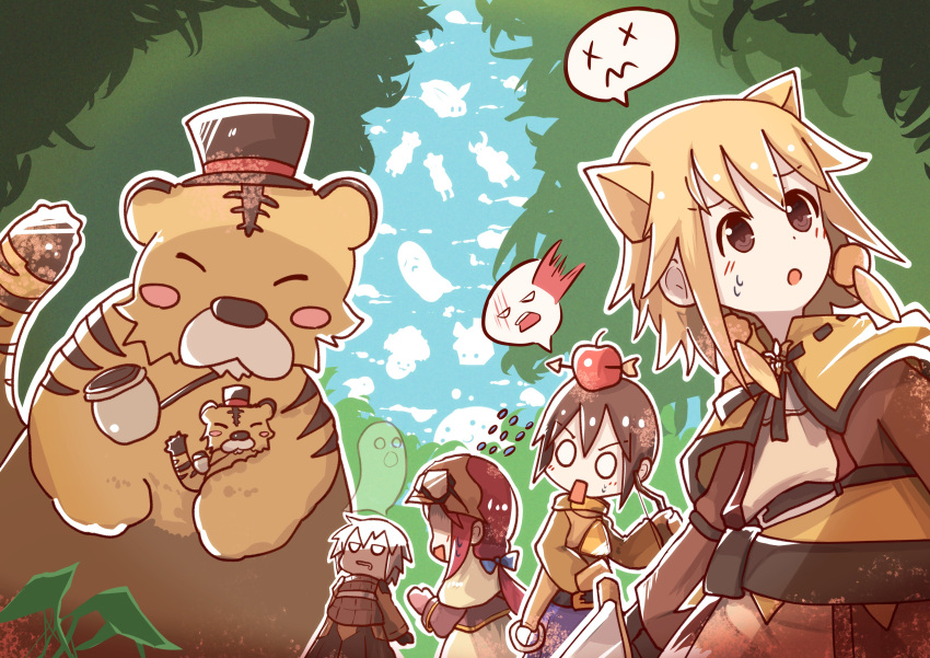 2boys 2girls absurdres acolyte_(ragnarok_online) apple apple_on_head archer_(ragnarok_online) arrow_through_apple bangs belt black_belt black_headwear blonde_hair blue_bow bow bow_(weapon) brown_capelet brown_dress brown_gloves brown_hair brown_shirt brown_shorts brown_skirt capelet cloud commentary_request cowboy_shot day dress eddga flying_sweatdrops food forest fruit giving_up_the_ghost gloom_(expression) gloves goggles goggles_on_head hair_bow hat highres holding holding_bow_(weapon) holding_sword holding_weapon long_hair long_sleeves low_ponytail lunatic_(ragnarok_online) multiple_boys multiple_girls muneate nature open_mouth outdoors pipe_in_mouth poring ragnarok_online red_apple red_hair rune_caestus shirt short_hair shorts skirt smoking_pipe spore_(ragnarok_online) surprised sword swordsman_(ragnarok_online) thief_(ragnarok_online) tiger top_hat weapon whisper_(ragnarok_online) white_hair