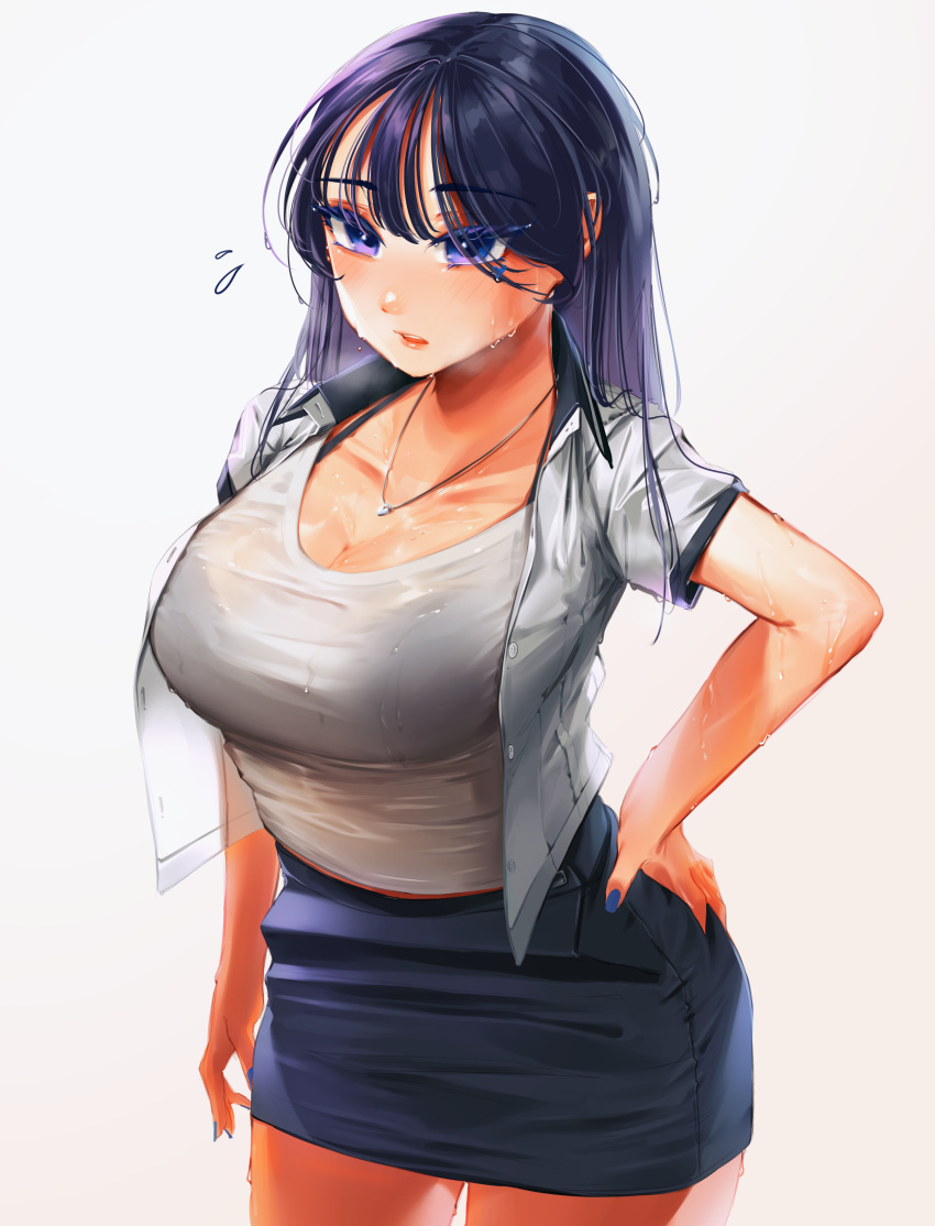 1girl absurdres bangs blue_nails bra_visible_through_clothes breasts cleavage collarbone collared_shirt eyelashes fingernails flying_sweatdrops hakushoku_n hand_on_hip highres jewelry large_breasts lips looking_ahead necklace open_clothes open_shirt original parted_lips pencil_skirt purple_eyes purple_hair school_uniform see-through shirt short_sleeves simple_background skirt sweat sweaty_clothes undershirt uniform wet wet_clothes wet_hair white_background