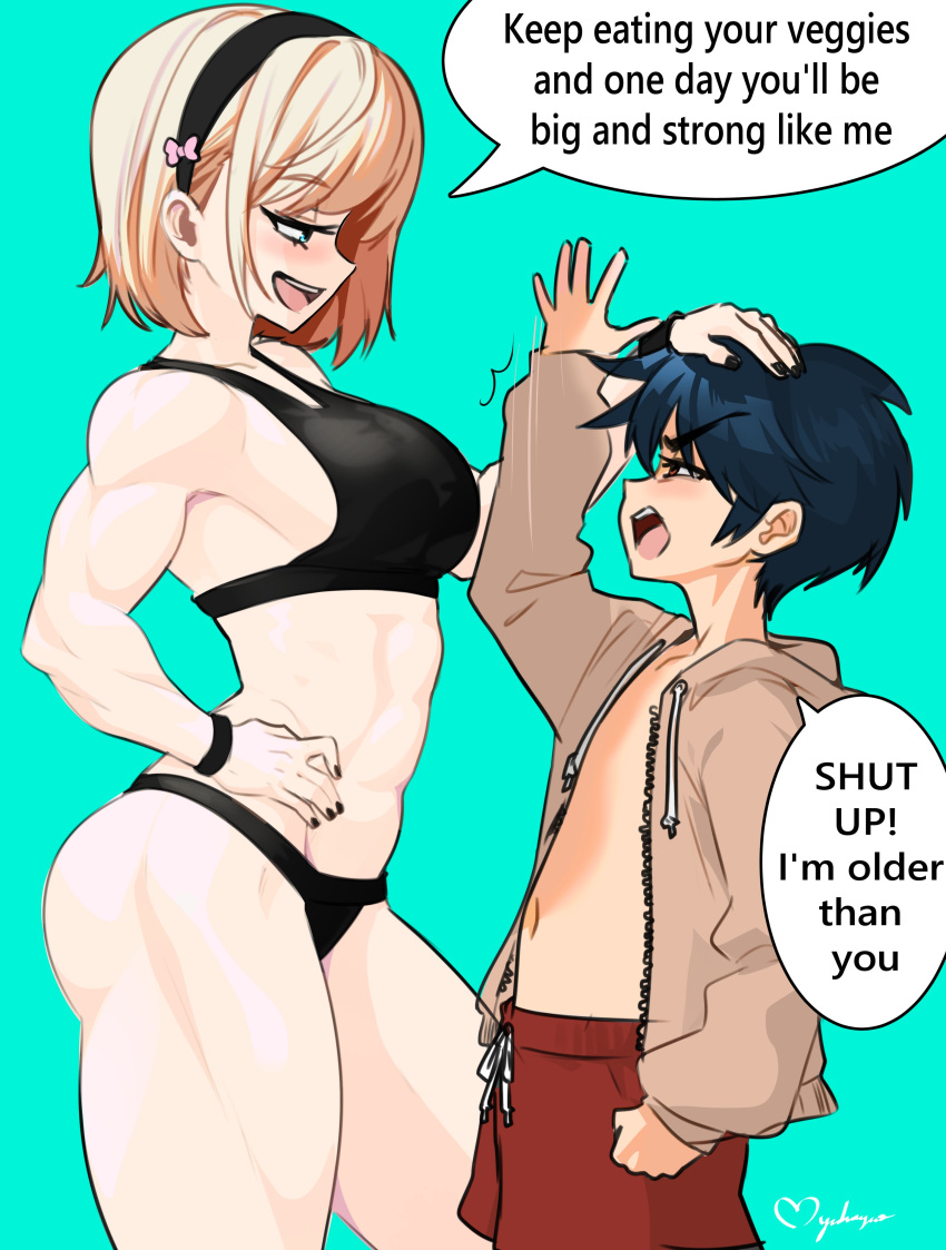 1boy 1girl abs absurdres angry ass bare_arms bare_legs biceps black_nails black_panties black_sports_bra blonde_hair blue_eyes blue_hair blush breasts dark_blue_hair english_text friends hairband hand_on_another's_head hand_on_hip headpat height_difference highres hood hoodie large_breasts long_eyelashes looking_at_another looking_down looking_up muscular muscular_female myahogao naughty_face open_clothes open_hoodie original pale_skin panties pants quads red_pants short_hair speech_bubble sports_bra tall_female teasing thick_thighs thighs underwear wristband