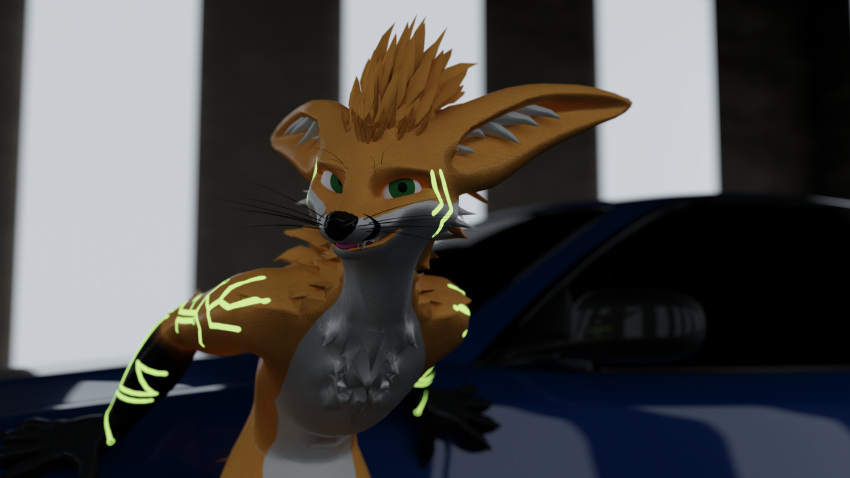 3d_(artwork) anthro bent_over big_ears blue_car car digital_media_(artwork) feather_hair feathers flimsy_fox_(artist) flimsy_fox_(character) glass glistening glistening_body glowing glowing_tattoo green_eyes grin grinning_at_viewer hi_res inner_ear_fluff light lighting looking_at_viewer looking_forward male metal orange_body paws pseudo_hair rexouium showroom smile solo tattoo tuft vehicle white_body white_inner_ear_fluff