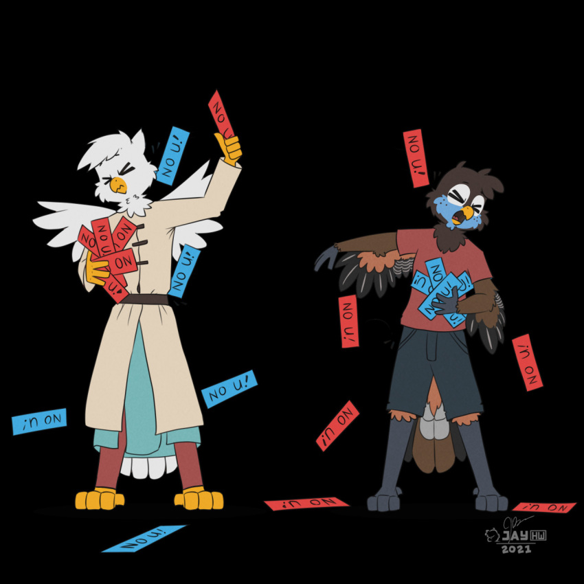 &gt;_&lt; 2021 3_toes 4_fingers anthro arm_tuft artist_logo avian back_wings barefoot beak bird black_background black_bottomwear black_clothing black_eyebrows black_shorts blue_body blue_feathers bottomwear brown_body brown_feathers cheek_tuft chibi clothing duo elbow_tuft european_mythology eye_markings eyebrows eyes_closed facial_markings facial_tuft feathers feet felix_radziwill_(kinrovaldis) fingers flat_colors greek_mythology green_clothing head_markings head_tuft hi_res jay_(sammfeatblueheart) knee_tuft leg_tuft logo male markings mythological_avian mythological_firebird mythology neck_tuft no_u open_beak open_mouth orange_body orange_feathers outstretched_arm phoenix raised_arm red_clothing red_shirt red_t-shirt red_topwear sammfeatblueheart shirt shorts signature simple_background standing striped_wings stripes t-shirt tail_feathers tan_clothing throwing_object toes topwear trogon trogonid tuft tunic white_body white_feathers winged_arms wings wrist_tuft yellow_beak