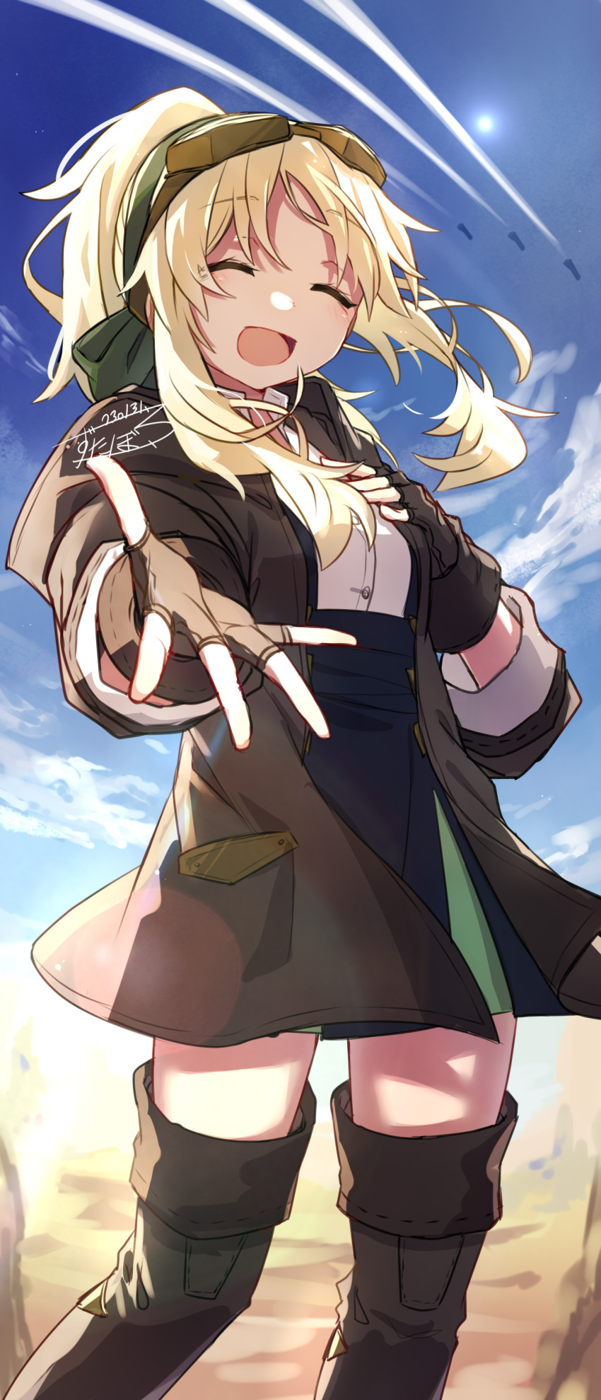 1girl absurdres blonde_hair closed_eyes duel_monster ecclesia_(yu-gi-oh!) feet_out_of_frame fingerless_gloves gloves goggles goggles_on_head hand_on_own_chest high-waist_skirt high_ponytail highres jacket long_hair open_clothes open_jacket open_mouth outstretched_hand signature skirt smile solo the_boundless_open_land yu-gi-oh! zutaboro