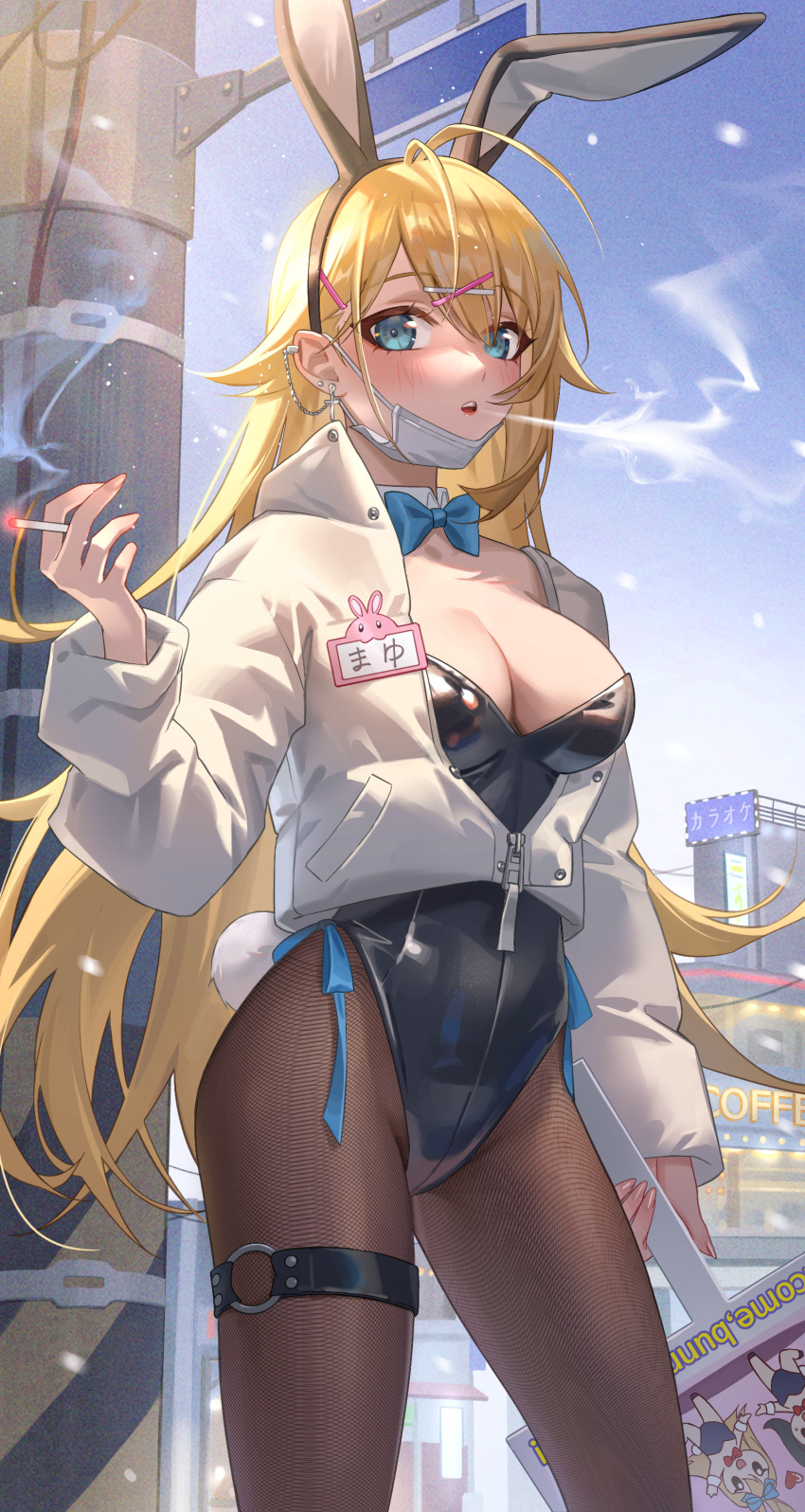 1girl absurdres animal_ears bangs black_pantyhose blonde_hair blue_eyes breasts cigarette cropped_jacket ear_piercing fake_animal_ears hair_ornament hairclip highleg highleg_leotard highres holding holding_cigarette jyuma leotard long_hair looking_at_viewer mask mask_pull medium_breasts mouth_mask original pantyhose partially_unzipped piercing playboy_bunny rabbit_ears smoking solo thigh_strap