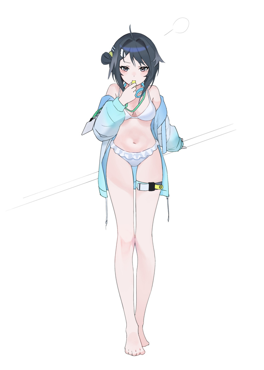 1girl =3 absurdres ahoge arknights bare_shoulders barefoot bikini black_eyes black_hair blowing_whistle blue_jacket blush breasts cleavage daya_(13urntsienna) frilled_bikini frills full_body goggles goggles_around_neck hair_intakes hair_ornament highres jacket jacket_over_swimsuit la_pluma_(arknights) la_pluma_(summer_flowers)_(arknights) lanyard long_sleeves looking_at_viewer medium_hair navel off_shoulder official_alternate_costume small_breasts solo standing stomach swimsuit thigh_strap toes whistle white_background white_bikini