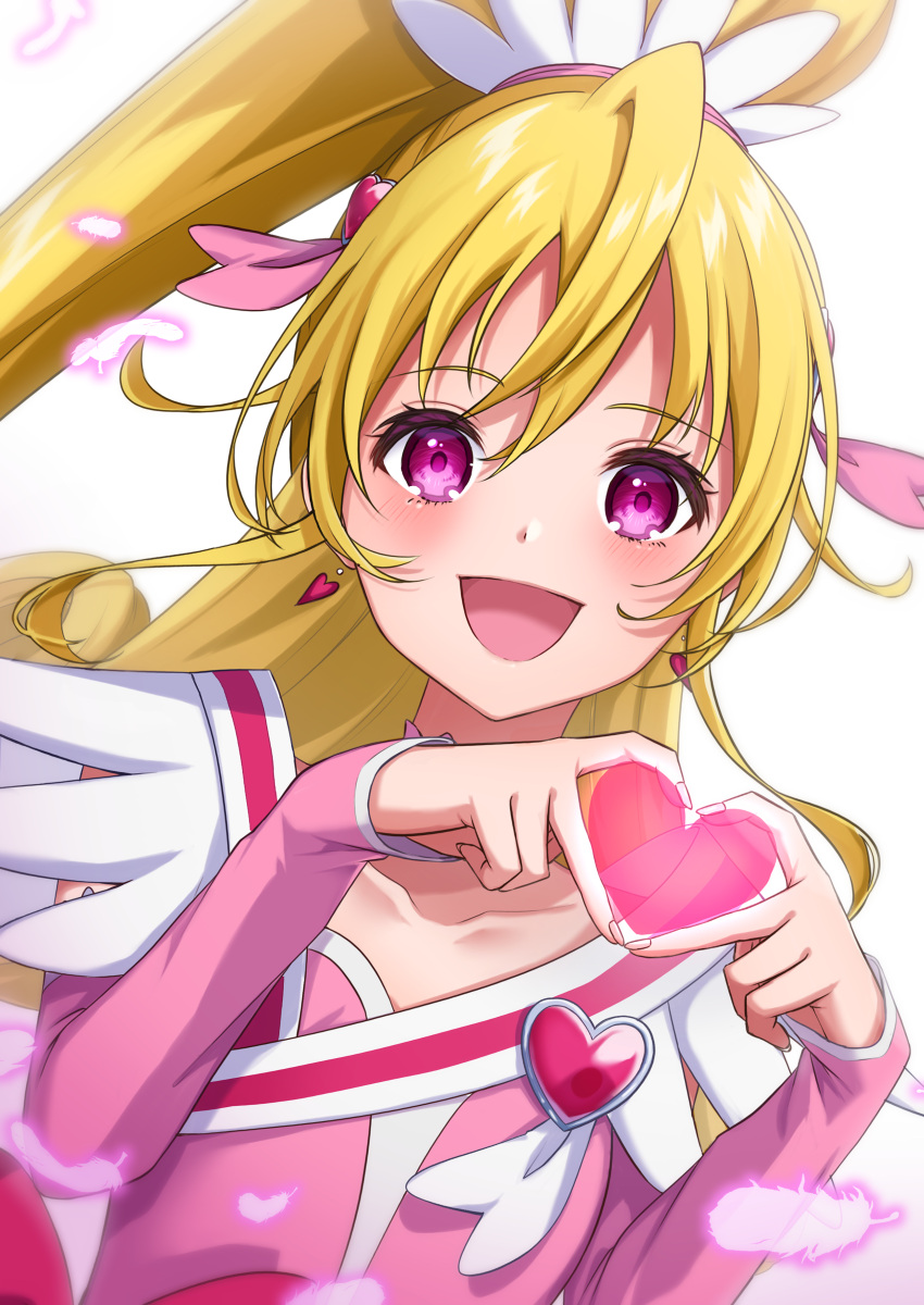 1girl absurdres aida_mana bangs blonde_hair commentary cure_heart dokidoki!_precure dress earrings feathers hair_ornament hair_ribbon heart heart_earrings heart_hands highres jewelry long_hair long_sleeves looking_at_viewer meiruuuu. open_mouth pink_dress pink_eyes ponytail precure ribbon simple_background smile solo upper_body white_background