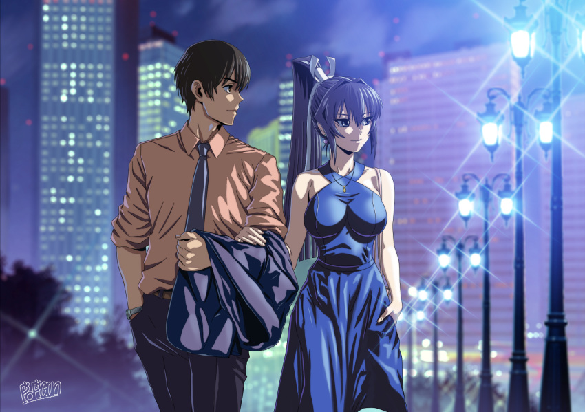 1boy 1girl blue_dress blue_eyes blue_hair blue_necktie breasts brown_hair brown_shirt collared_shirt dress hair_behind_ear halter_dress halterneck hand_on_hip highres holding_another's_arm jewelry lamppost long_hair looking_to_the_side medium_breasts mitsurugi_meiya muvluv necklace necktie ponytail popgun_(22882502) shirogane_takeru shirt smile very_long_hair