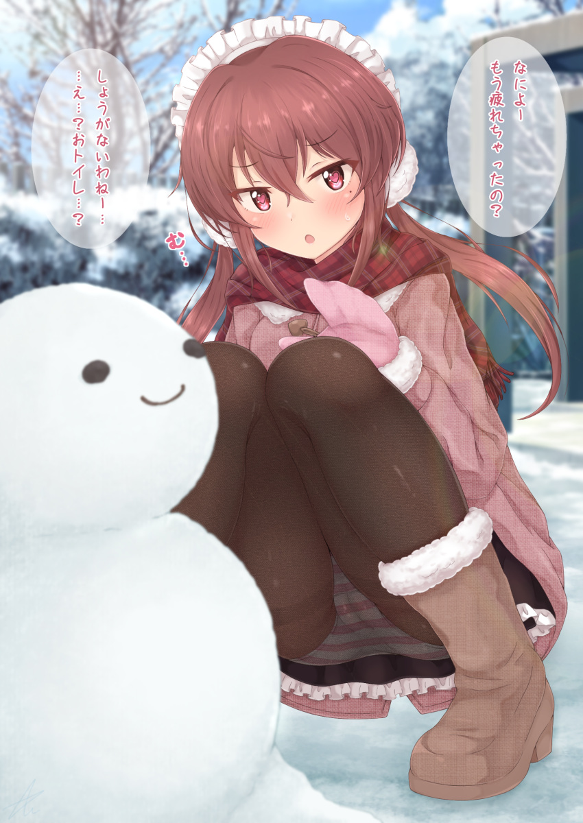 1girl artist_name azuma_(azumapic) bangs bare_tree black_pantyhose black_skirt blue_sky blurry blurry_background blurry_foreground blush boots brown_footwear brown_hair cameltoe coat commentary_request crossed_bangs day earmuffs frilled_skirt frills full_body fur-trimmed_footwear fur-trimmed_sleeves fur_trim gloves hair_between_eyes hand_up have_to_pee heart heart-shaped_pupils highres knees_together_feet_apart long_hair looking_at_viewer maid_headdress miniskirt mittens mole mole_under_eye open_mouth original outdoors panties panties_under_pantyhose pantyhose pantyshot pink_coat pink_gloves pink_panties plaid plaid_scarf red_eyes red_scarf scarf shiny_clothes sidelocks signature skirt sky snow snowman solo speech_bubble squatting striped striped_panties sweat symbol-shaped_pupils talking thighband_pantyhose translation_request tree twintails underwear upskirt winter_clothes