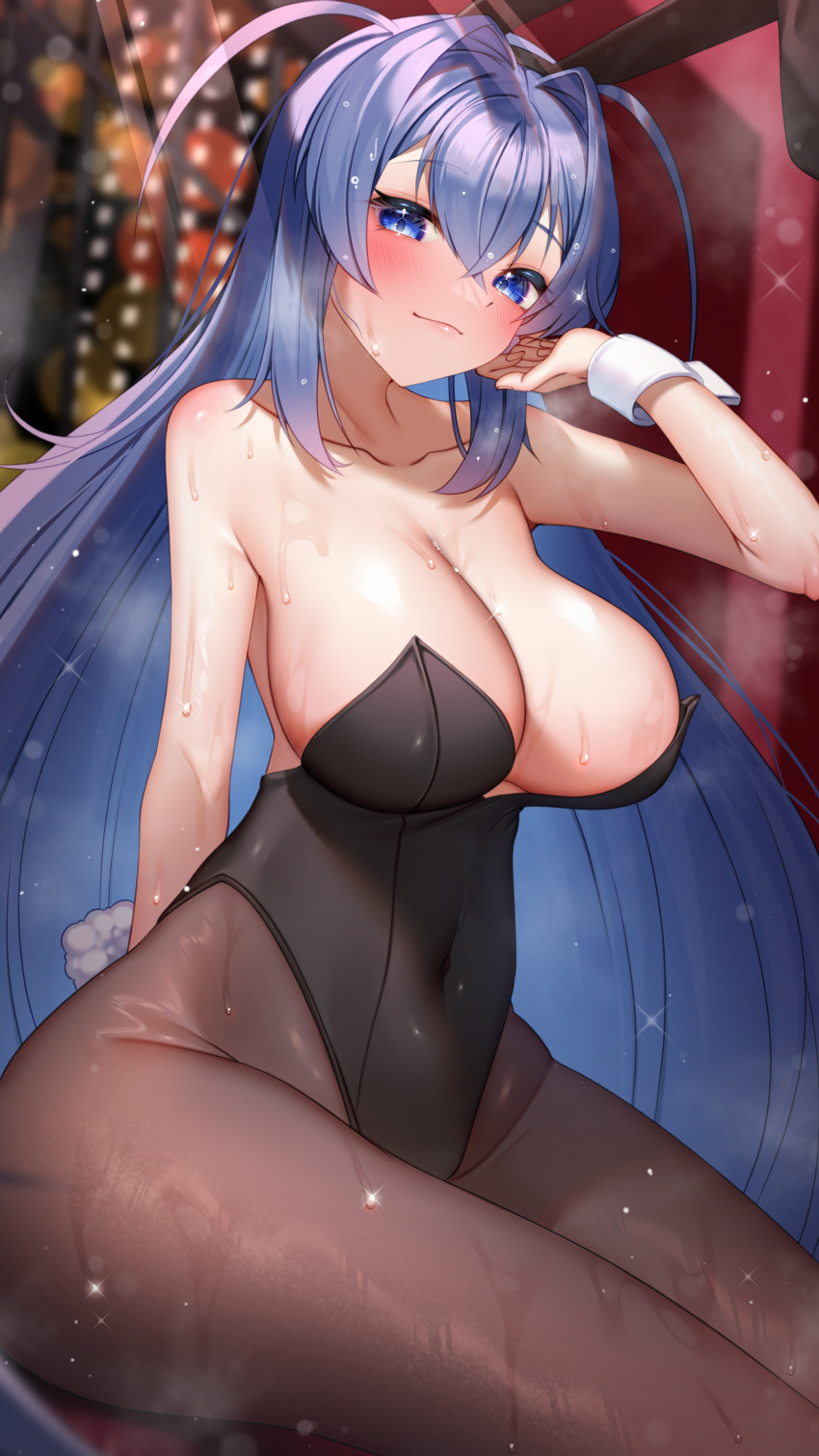 1girl absurdres ahoge arm_up armpits azur_lane bangs bare_shoulders blue_eyes blue_hair blurry blurry_background blush breasts cleavage collarbone covered_navel detached_collar eyelashes hand_on_own_face highres huge_breasts looking_at_viewer new_jersey_(azur_lane) pantyhose playboy_bunny seele0907 sidelocks sitting smile sparkle sweat thick_thighs thighs wet wet_hair wrist_cuffs