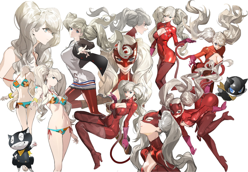 &gt;_&lt; 1girl absurdres bandana bijian_de_linghun bikini black_hoodie blonde_hair blue_eyes bodysuit boots breasts cat cat_mask cat_tail cleavage cleavage_cutout clothing_cutout collage cropped_legs cropped_torso diego_(persona_5) flying full_body gloves grin high_heel_boots high_heels highres hood hoodie large_breasts latex long_hair looking_at_viewer mask open_mouth pointing pointing_at_viewer profile purple_gloves red_bodysuit red_mask red_thighhighs shirt sitting smile spandex standing swimsuit tail takamaki_anne thighhighs twintails v wariza wavy_hair white_background white_shirt yellow_bandana
