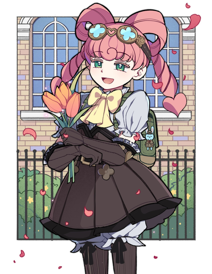 1girl ace_attorney backpack bag bloomers blush bouquet bow bow-shaped_hair brown_gloves bubble_skirt bush collar dress drill_hair falling_petals fence flower frilled_collar frilled_gloves frilled_sleeves frills gloves goggles goggles_on_head green_bag green_eyes hair_rings highres holding holding_bouquet iris_wilson long_hair open_mouth paran_dgs petals pink_hair puffy_sleeves shirt skirt smile solo strapless strapless_dress the_great_ace_attorney tulip twintails underwear white_bloomers white_shirt window yellow_bow