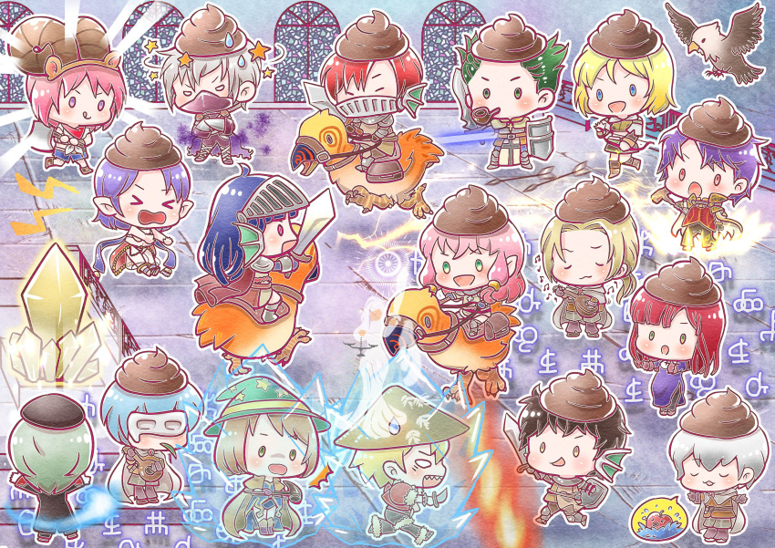 6+boys 6+girls absurdres angry armor armored_boots arrow_(projectile) assassin_(ragnarok_online) axe bandana bangs bard_(ragnarok_online) belt bird black_coat black_pants blacksmith_(ragnarok_online) blonde_hair blue_dress blue_eyes blue_hair blue_shorts boots bow_(weapon) breastplate brown_belt brown_capelet brown_footwear brown_gloves brown_hair brown_pants brown_shirt brown_skirt cape capelet closed_eyes closed_mouth coat commentary_request crop_top cross crusader_(ragnarok_online) crystal dagger dancer_(ragnarok_online) dress emperium falcon fire frozen full_body fur-trimmed_cape fur-trimmed_jacket fur-trimmed_pants fur_trim gauntlets gloves green_eyes green_hair green_headwear grey_hair habit hat head_fins highres holding holding_axe holding_bow_(weapon) holding_dagger holding_instrument holding_knife holding_shield holding_staff holding_sword holding_weapon hunter_(ragnarok_online) instrument jacket knife knight_(ragnarok_online) long_hair long_sleeves looking_at_another lute_(instrument) mask masquerade_mask mouth_guard mouth_mask multiple_boys multiple_girls music musical_note ninja_mask nyamen2828 open_mouth pants pauldrons peco_peco pink_hair pipe_in_mouth playing_instrument poop priest_(ragnarok_online) purple_dress purple_eyes purple_footwear ragnarok_online red_bandana red_eyes red_hair red_jacket red_shirt reins rice_hat riding_bird rogue_(ragnarok_online) saddle sandals seeing_stars sequins shield shirt shoes short_hair short_sleeves shorts shoulder_armor skirt sleeveless sleeveless_shirt smile smoking_pipe staff stained_glass star_(symbol) sword tabard tied_shirt visor_(armor) weapon white_cape white_hair witch_hat wizard_(ragnarok_online)
