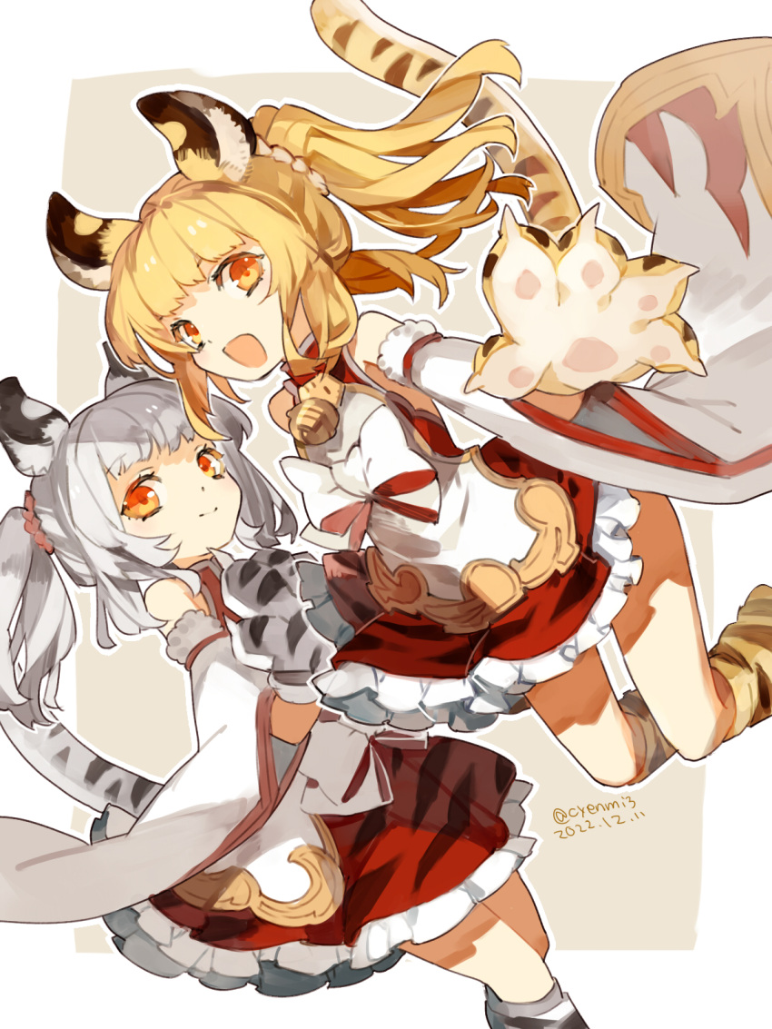 2girls animal_ears animal_hands bai_(granblue_fantasy) bare_shoulders bell blonde_hair bow bowtie closed_mouth cyenmi3 dated detached_sleeves dress gloves granblue_fantasy grey_hair highres huang_(granblue_fantasy) looking_at_viewer medium_hair multiple_girls neck_bell neck_hair open_mouth orange_eyes paw_gloves paw_shoes sleeveless sleeveless_dress smile tail tiger_ears tiger_girl tiger_tail twintails twitter_username