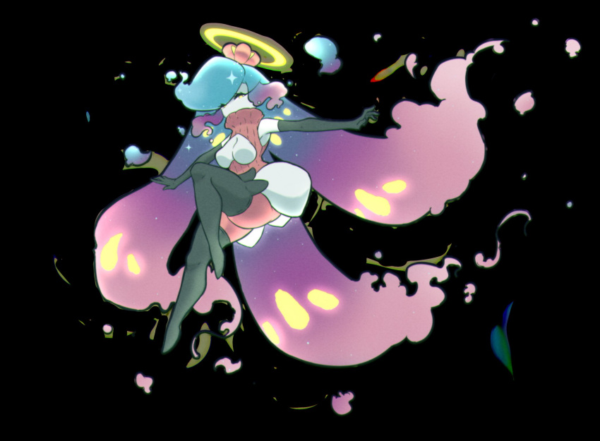 2022 armwear big_breasts black_background breasts celeste_(reapcreates831) clothing cosmic_hair cosmog covered_mouth elbow_gloves ethereal_hair exposed_breasts featureless_breasts featureless_feet female floating fusion generation_7_pokemon gloves hair halo handwear hi_res high_boots humanoid kurae legendary_pokemon long_hair looking_at_viewer nintendo not_furry pokemon pokemon_(species) pokemon_fusion simple_background solo sparkles tsareena yellow_eyes