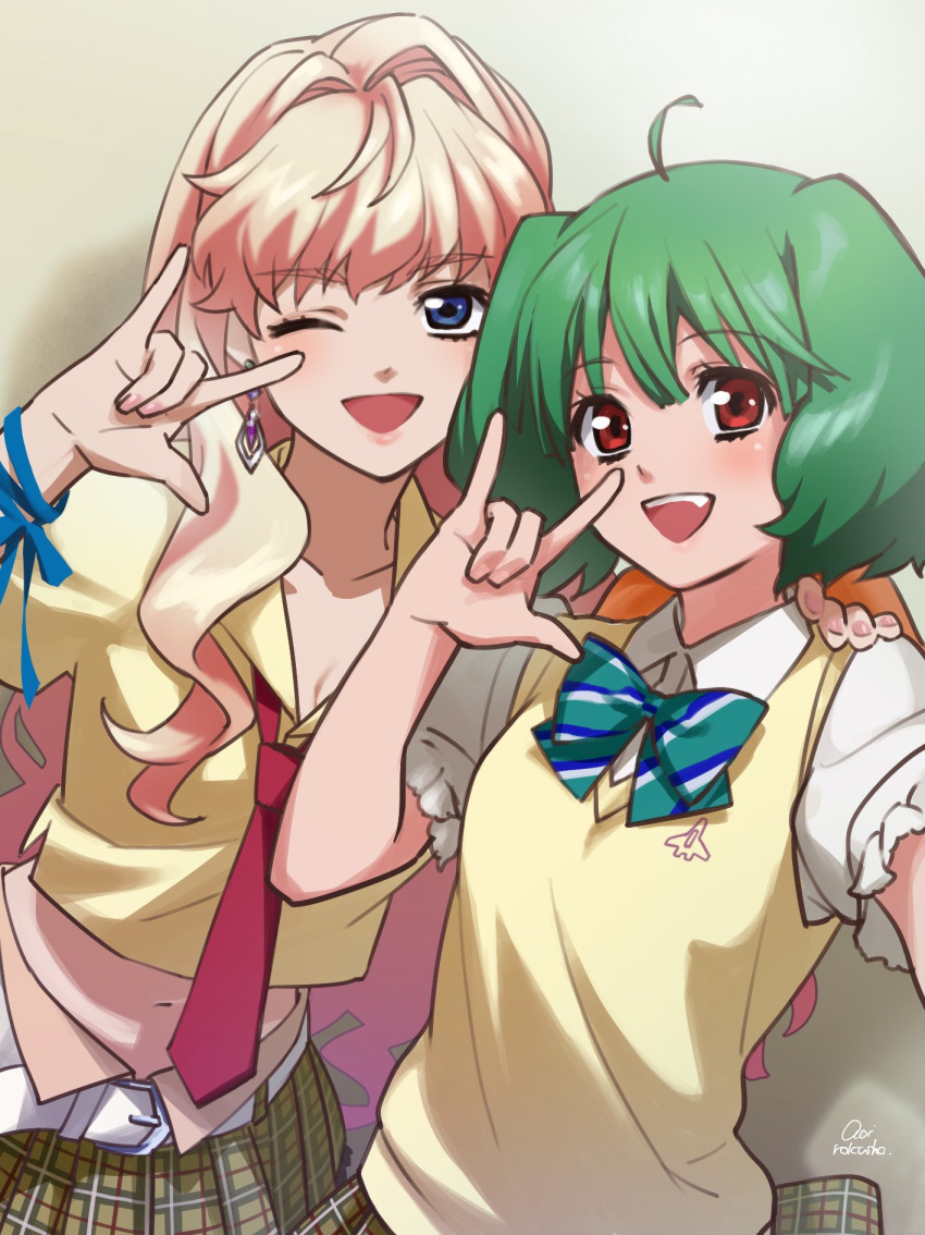2girls \m/ aoi_rokushou blonde_hair blue_eyes blush bow brown_eyes earrings green_bow green_hair hand_on_another's_shoulder highres jewelry long_hair looking_at_viewer macross macross_frontier midriff multiple_girls navel necktie one_eye_closed ranka_lee red_necktie school_uniform sheryl_nome short_hair smile vest yellow_vest