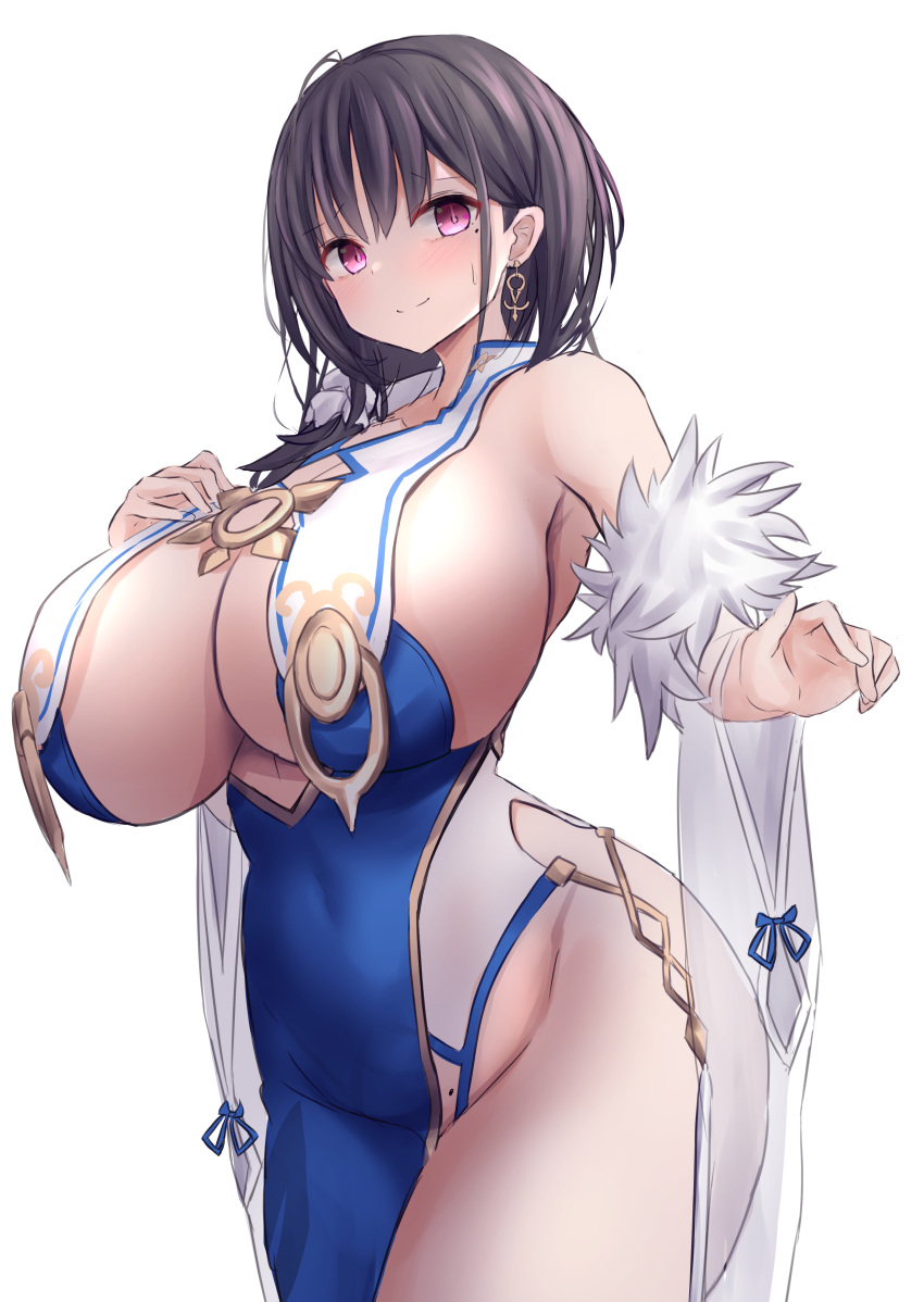 1girl absurdres azur_lane bare_shoulders breast_curtains breasts cleavage closed_mouth covered_navel curvy dress fur_trim hand_on_own_chest highres huge_breasts medium_hair purple_eyes purple_hair see-through smile solo ting_an_(azur_lane) wide_hips wide_sleeves yuuki_shuri