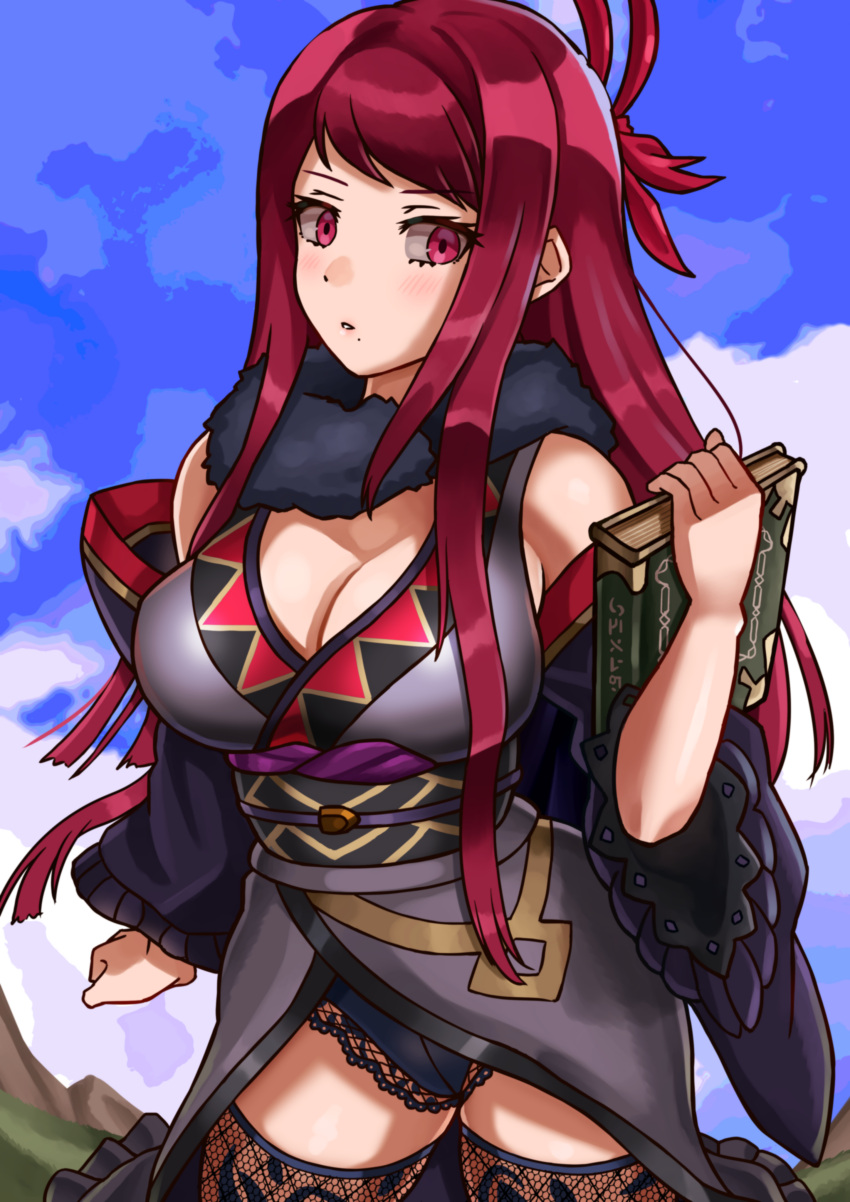 1girl absurdres alternate_costume bare_shoulders black_panties black_sash blue_sky blush book breasts cleavage cloud commentary_request cowboy_shot day detached_sleeves fire_emblem fire_emblem_engage grey_kimono highres holding holding_book ivy_(fire_emblem) japanese_clothes kimono large_breasts long_hair looking_at_viewer mole mole_under_mouth obi oniisan02b outdoors panties parted_lips purple_eyes purple_hair sash sky sleeveless sleeveless_kimono solo standing thighhighs thighs underwear very_long_hair