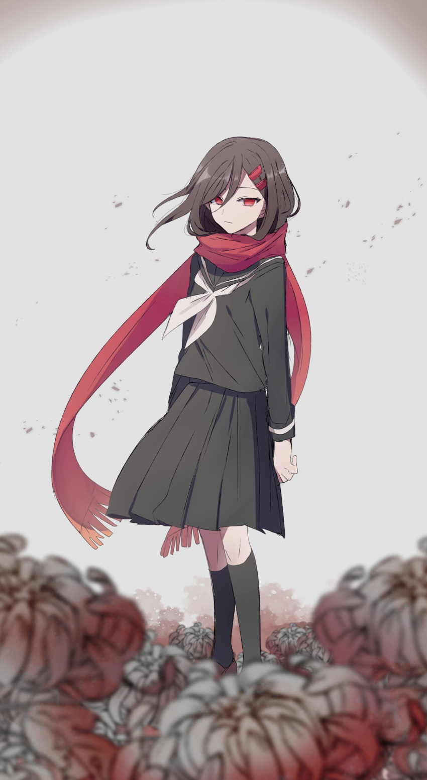 1girl absurdres arm_at_side black_hair black_sailor_collar black_serafuku black_skirt black_socks blurry brown_footwear closed_mouth empty_eyes enpera floating_scarf flower fringe_trim glaring grey_background hair_between_eyes hair_ornament hairclip highres kagerou_project kneehighs loafers long_scarf long_sleeves looking_at_viewer mekakucity_actors nanashiba_(banntlla) neckerchief pleated_skirt red_eyes red_flower sailor_collar school_uniform serafuku shoes skirt sleeve_cuffs socks solo spider_lily standing tateyama_ayano white_neckerchief wind