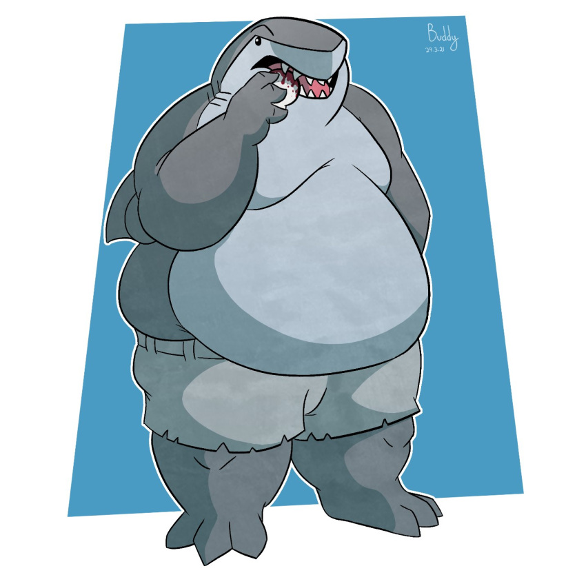 2021 3_toes anthro belly big_belly black_eyes bottomwear buddyfangoz clothed clothing dc_comics digital_media_(artwork) feet fin fish grey_body grey_skin hi_res holding_object king_shark male marine obese obese_anthro obese_male overweight overweight_anthro overweight_male shark sharp_teeth shorts signature simple_background solo standing teeth toes tongue topless