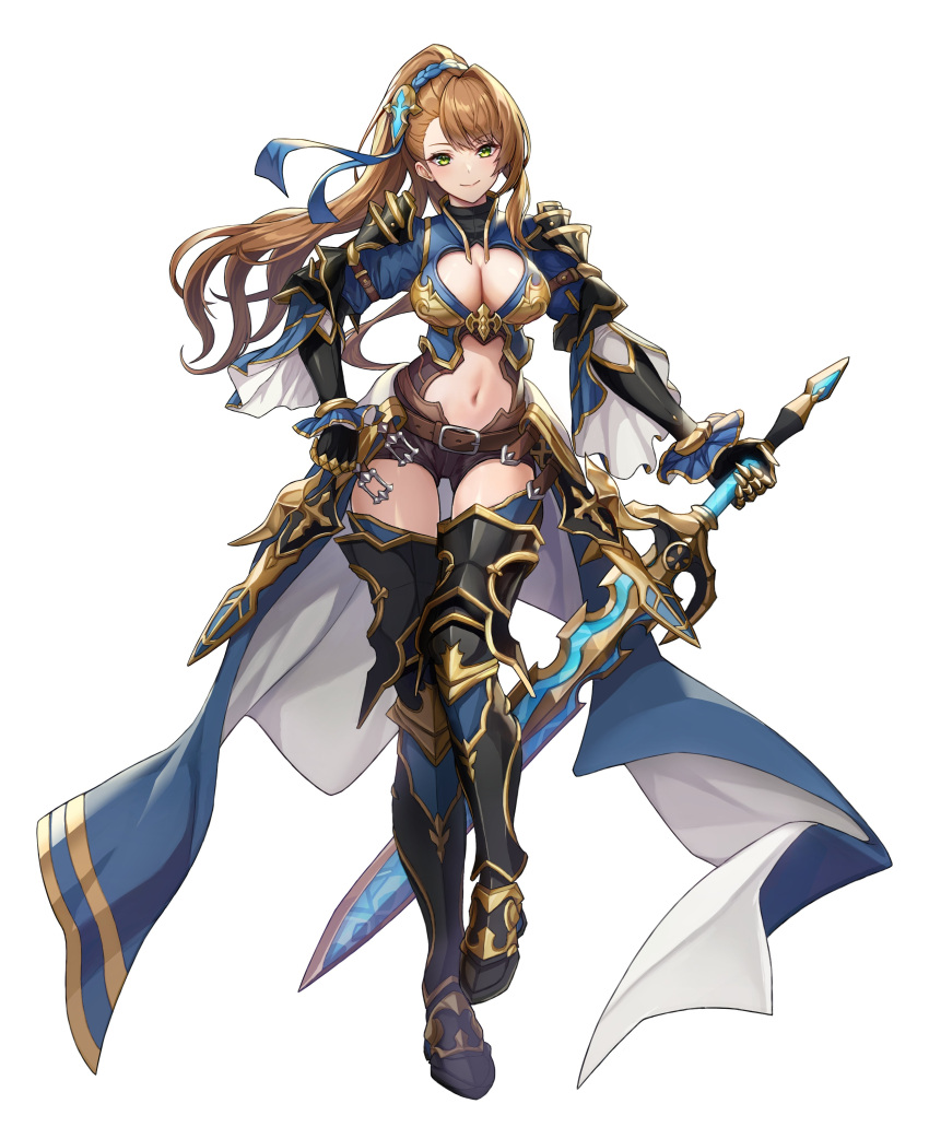 1girl absurdres armor armored_boots asymmetrical_bangs bangs beatrix_(granblue_fantasy) belt belt_buckle black_shorts blue_shirt boots breasts brown_hair buckle cleavage_cutout closed_mouth clothing_cutout cuisses full_body gauntlets granblue_fantasy green_eyes half-skirt highres holding holding_sword holding_weapon large_breasts ll_0109 long_hair navel navel_cutout ponytail shirt short_shorts shorts shoulder_armor simple_background smile solo sword weapon white_background