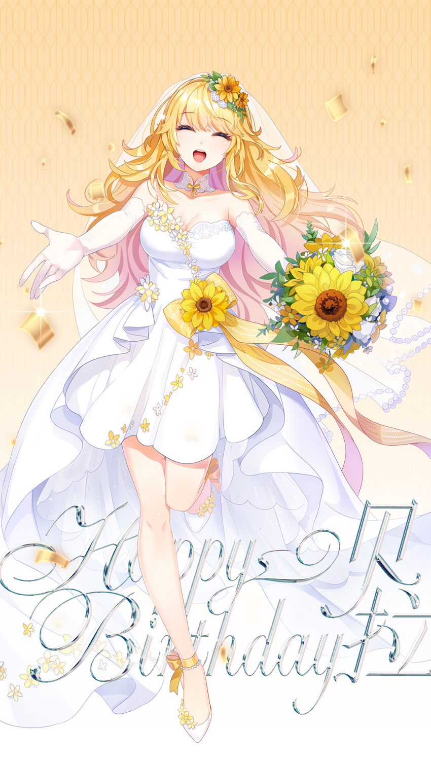 1girl ankle_bow anklet bare_legs bare_shoulders birthday blonde_hair bouquet bow breasts character_name chinese_text choker cleavage closed_eyes confetti dress dress_bow dress_flower elbow_gloves english_text flower foot_up full_body gloves gradient_background hair_flower hair_ornament happy_birthday high-low_skirt highres holding holding_bouquet incoming_hug isabella_holly jewelry lace-trimmed_choker lace_trim large_breasts layered_dress long_hair official_art open_mouth outstretched_arms reaching_towards_viewer revdol rose sleeveless sleeveless_dress smile solo standing standing_on_one_leg strapless strapless_dress sunflower sunflower_hair_ornament upper_body veil virtual_youtuber wedding_dress white_dress white_flower white_footwear white_gloves white_rose yellow_background yellow_bow yellow_flower