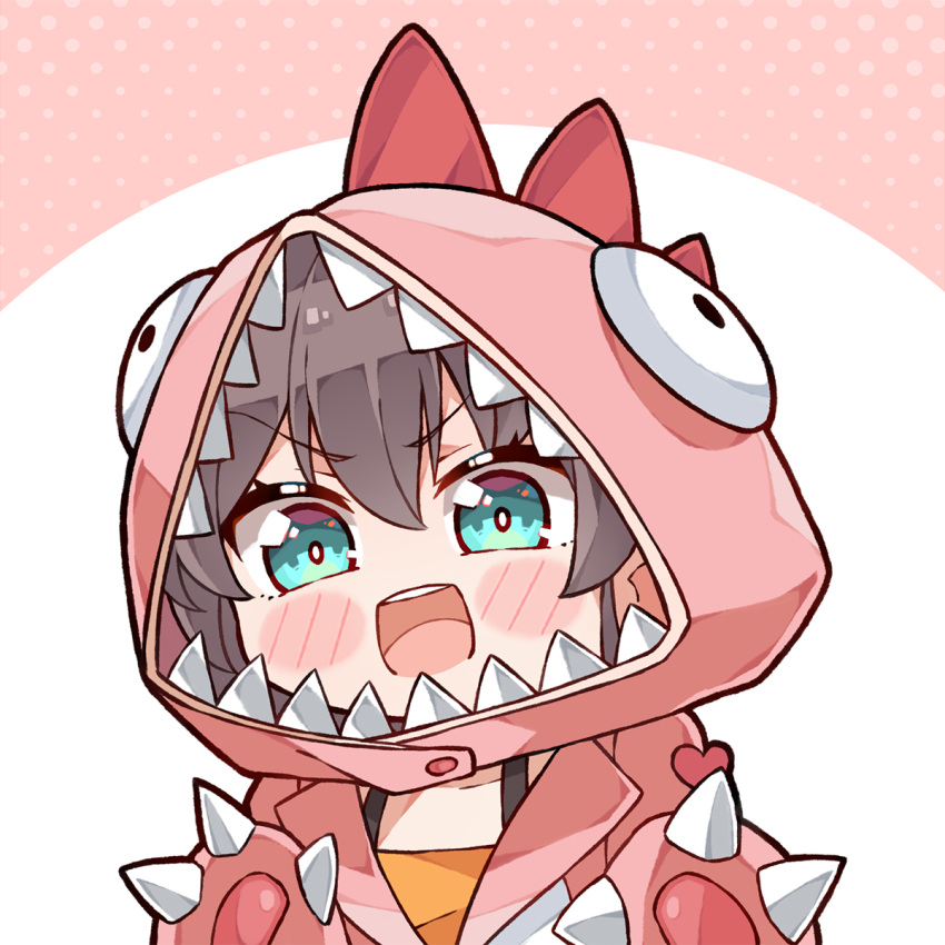 1girl :d animal_hood bangs blue_eyes blush_stickers brown_hair camisole chibi commentary dragon_hood english_commentary hair_between_eyes highres hololive hood kukie-nyan looking_at_viewer natsuiro_matsuri official_alternate_costume smile solo upper_body v-shaped_eyebrows virtual_youtuber yellow_camisole