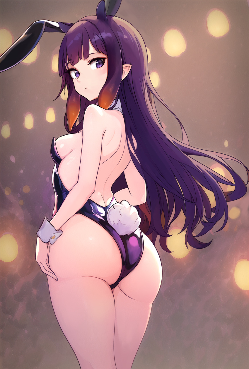 1girl absurdres animal_ears ass bangs bare_shoulders black_leotard breasts chinese_zodiac fake_animal_ears from_behind gradient_hair highres hololive hololive_english leotard long_hair looking_at_viewer looking_back multicolored_hair ninomae_ina'nis playboy_bunny pointy_ears purple_eyes purple_hair rabbit_ears rabbit_tail small_breasts solo strapless strapless_leotard tail tentacle_hair unstableboiler virtual_youtuber wrist_cuffs year_of_the_rabbit