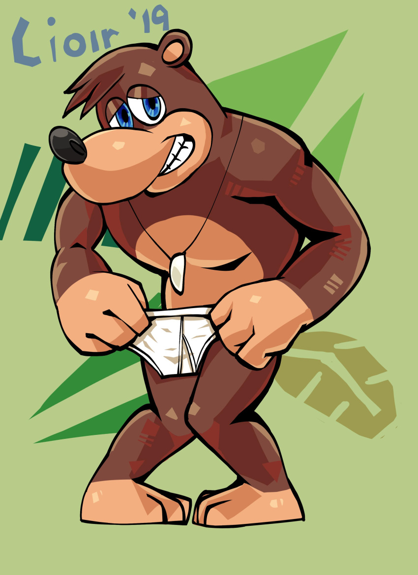 2019 absurd_res anthro banjo-kazooie banjo_(banjo-kazooie) bear black_nose blue_eyes briefs brown_body brown_fur clothing covering covering_crotch embarrassed fur green_background hi_res holding_clothing holding_object holding_underwear jewelry male mammal necklace nude open_mouth rareware redo_(artist) simple_background solo teeth_showing text tighty_whities underwear white_briefs white_clothing white_underwear