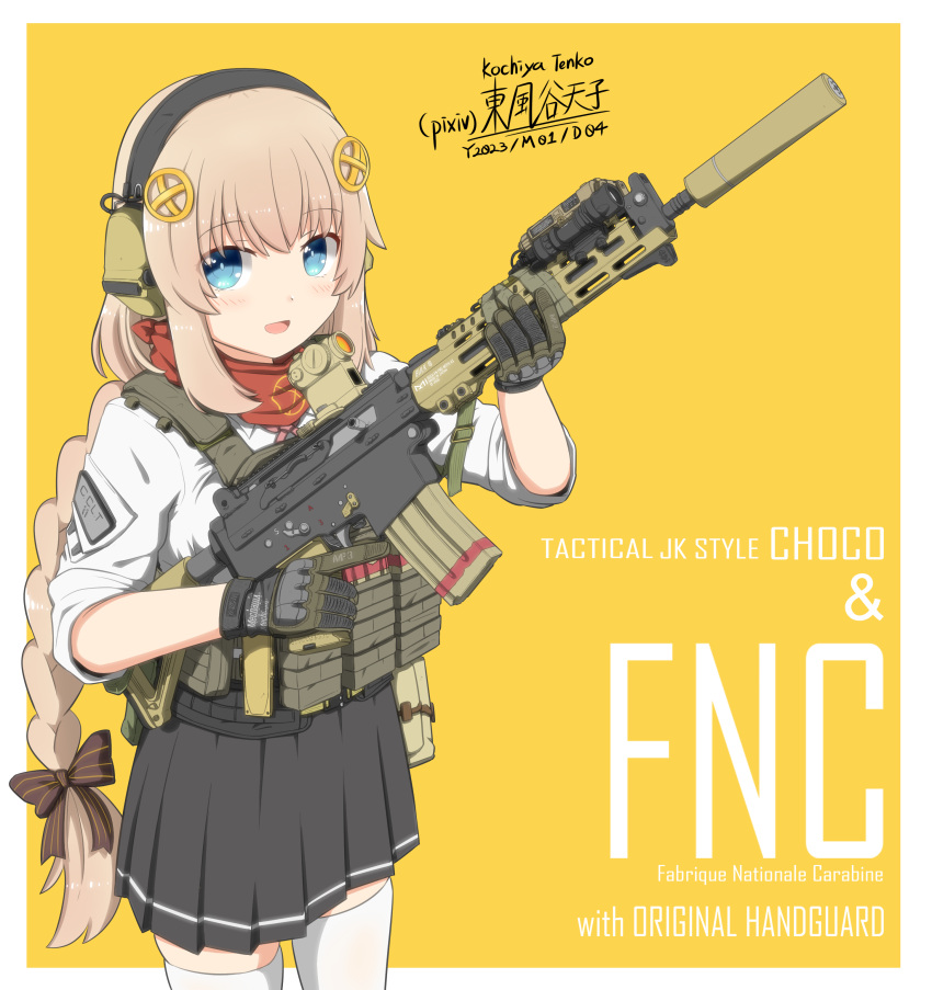 1girl :d absurdres assault_rifle bandana bandana_around_neck black_skirt blue_eyes blush bow braid brown_bow character_name cowboy_shot fn_fnc fnc_(girls'_frontline) girls'_frontline gun hair_bow hair_ornament headphones highres holding holding_gun holding_weapon kochiya_tenko light_brown_hair long_hair military open_mouth pleated_skirt red_bandana rifle shirt simple_background skirt smile solo suppressor tactical_clothes thighhighs trigger_discipline very_long_hair weapon white_shirt white_thighhighs yellow_background