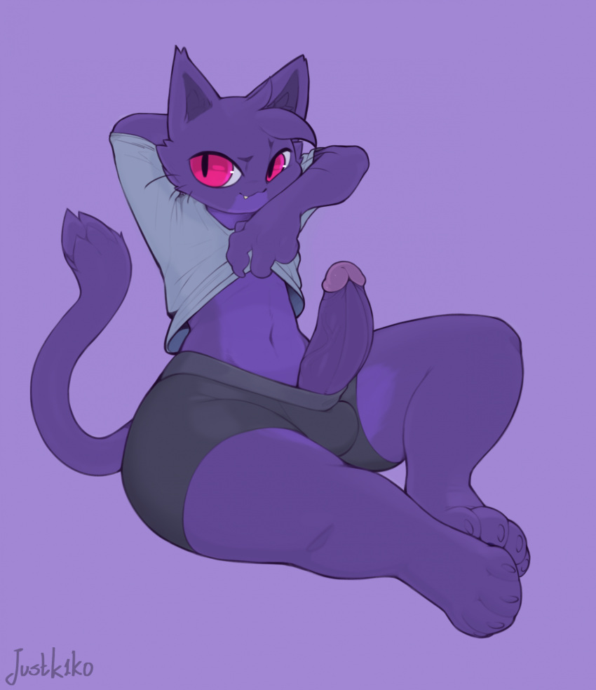 anthro balls_outline black_clothing black_underwear bulge clothed clothing domestic_cat felid feline felis fur genital_outline genitals hi_res humanoid_genitalia humanoid_penis k1ko male mammal penis poking_out purple_body purple_fur purple_penis red_eyes shirt sitting solo t-shirt topwear underwear white_clothing white_shirt white_t-shirt white_topwear