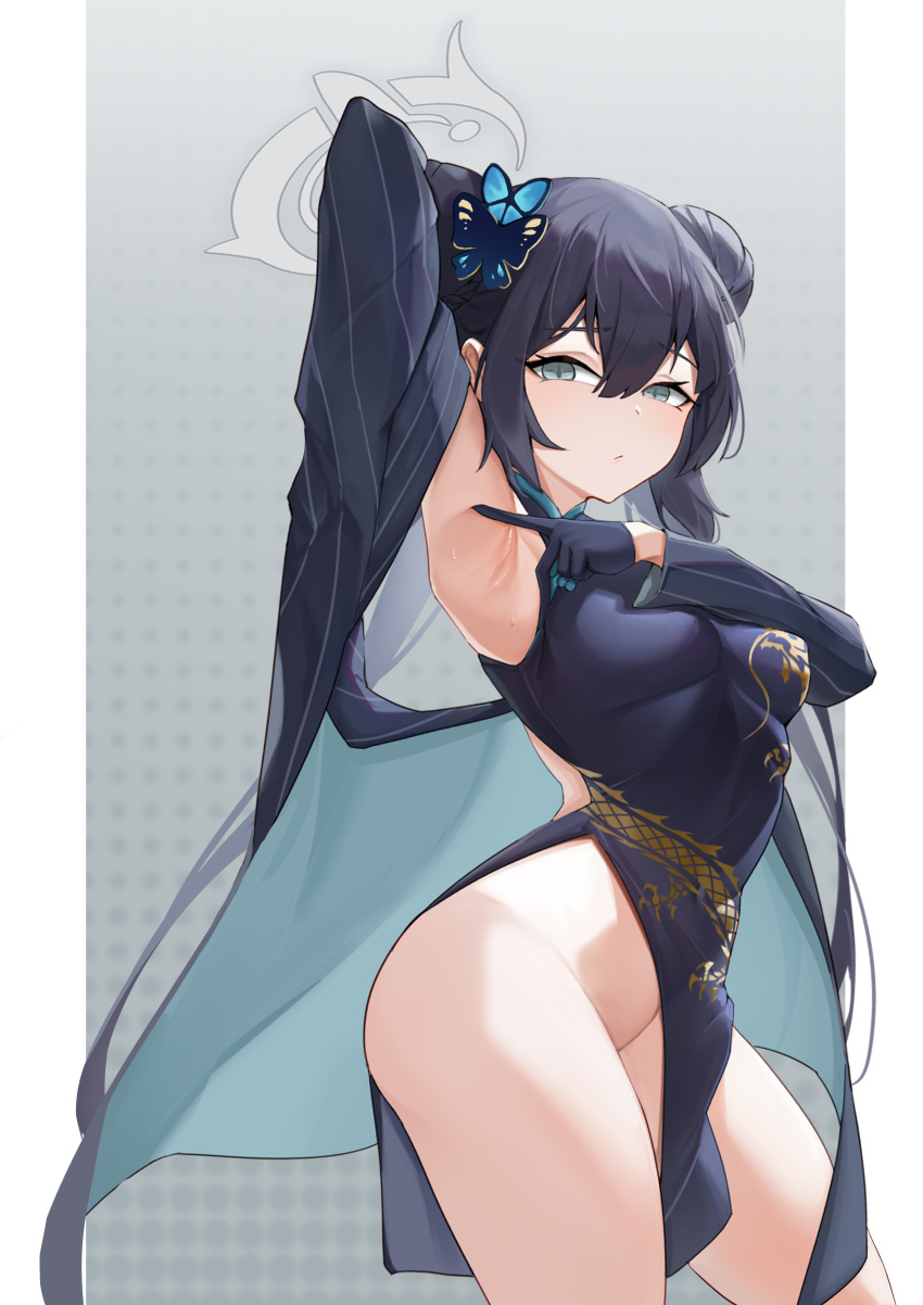 1girl absurdres arm_up armpits black_dress black_hair black_jacket blue_archive breasts butterfly_hair_ornament china_dress chinese_clothes closed_mouth cowboy_shot double_bun dragon_print dress grey_eyes hair_between_eyes hair_bun hair_ornament halo highres jacket joker0744g kisaki_(blue_archive) long_hair long_sleeves looking_at_viewer medium_breasts pelvic_curtain solo striped striped_jacket twintails vertical-striped_jacket vertical_stripes
