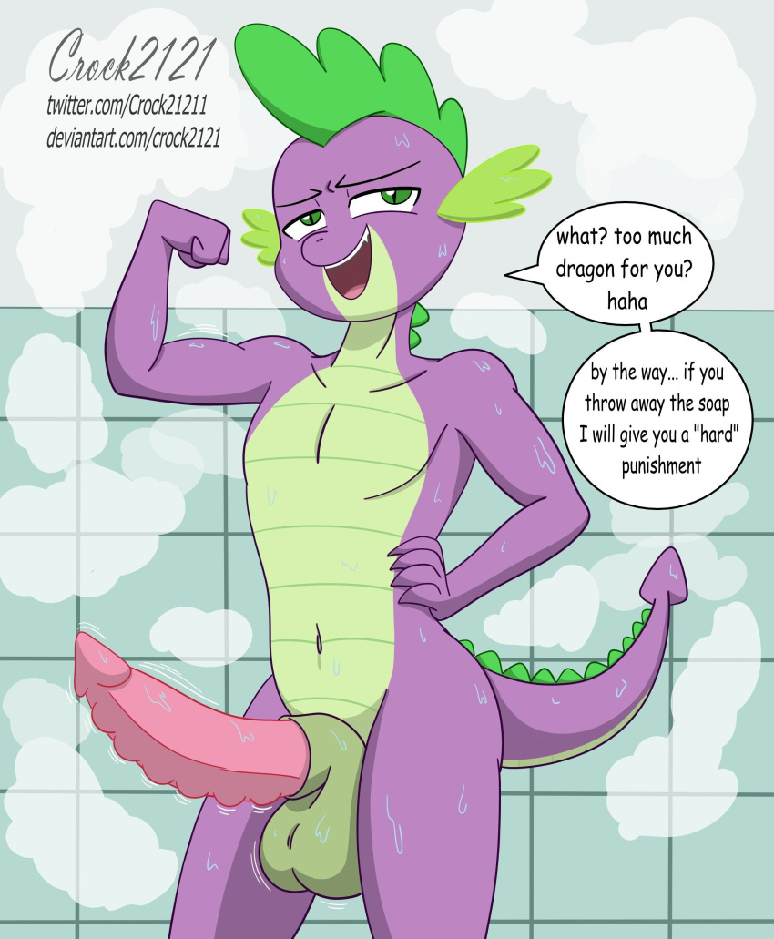 2023 absurd_res age_difference anthro anthrofied balls big_penis cocky colored communal_shower crock2121 dialogue digital_drawing_(artwork) digital_media_(artwork) dragon ear_fins equid equine erection fin flexing friendship_is_magic genitals green_eyes half-closed_eyes hand_on_hip hasbro hi_res horn humanoid inside male mammal muscular my_little_pony narrowed_eyes navel nude open_mouth pecs penis pointed_tail purple_body rarity_(mlp) ribbed_penis scales scalie shaded sharp_teeth shower smug_face smug_grin solo speech_bubble spike_(mlp) standing steam teeth tongue unicorn water wet younger_male