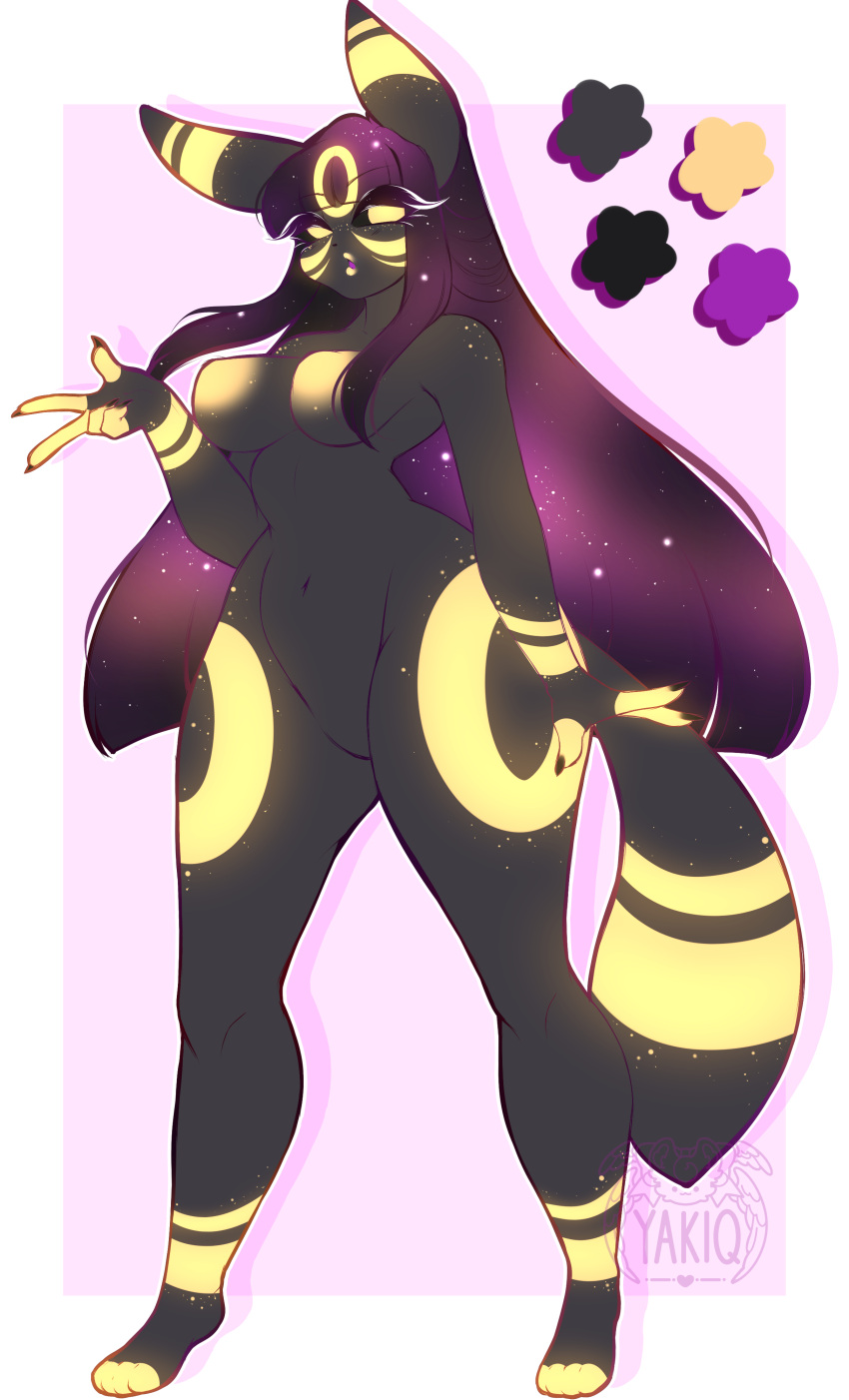 2022 absurd_res anthro artist_name big_breasts black_body black_fur breasts cosmic_hair eeveelution ethereal_hair facial_markings featureless_crotch female fur generation_2_pokemon glowing glowing_eyes glowing_markings hair head_markings hi_res long_hair looking_at_viewer markings navel nintendo nipples paws pokemon pokemon_(species) pouting simple_background solo thick_thighs umbreon watermark white_background wide_hips yakiq yellow_eyes yellow_nipples