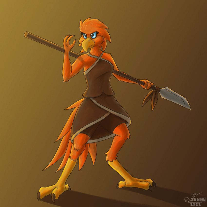2021 2_toes 3_toes action_pose amara_(windborn) angry ankle_tuft anthro arm_tuft artist_logo avian backlighting beak bird black_eyelashes blue_eyes blue_sclera brown_background brown_claws brown_clothing brown_dress cheek_tuft claws clothing digitigrade dress elbow_tuft facial_tuft feathers feet female gradient_background head_tuft hi_res holding_object holding_spear holding_weapon knee_tuft leg_tuft light lighting logo melee_weapon monotone_body narrowed_eyes neck_tuft orange_body orange_feathers polearm pose sammfeatblueheart shaded shadow shoulder_tuft signature simple_background solo spear tail_feathers toes tribal tuft weapon yellow_beak