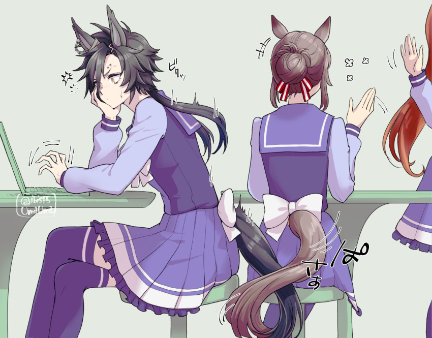 +++ 3girls air_shakur_(umamusume) black_hair brown_hair computer crossed_legs eyebrow_piercing feet_out_of_frame fine_motion_(umamusume) grey_background hair_bun head_rest hi_(ibisf5umauma) intertwined_tails laptop long_hair long_sleeves motion_lines multiple_girls piercing purple_shirt purple_skirt purple_thighhighs sailor_collar school_uniform shirt short_hair simple_background sitting skirt stool surprised sweatdrop table thighhighs tracen_school_uniform twitter_username umamusume v-shaped_eyebrows waving yellow_eyes